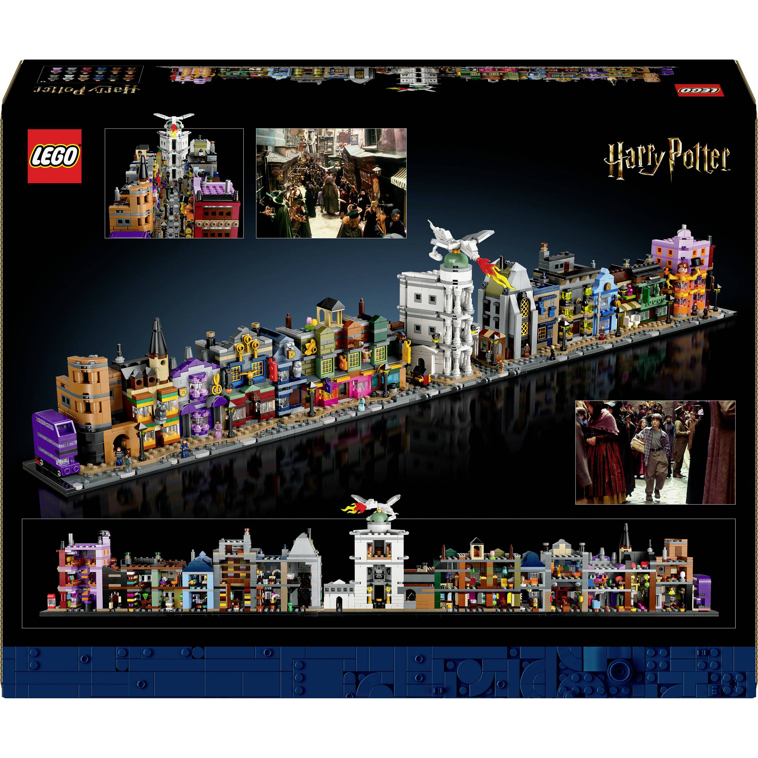 Sada LEGO 'Harry Potter': Detailní reprodukce Příčné ulice s různými obchody, figurkami a magickými prvky.
