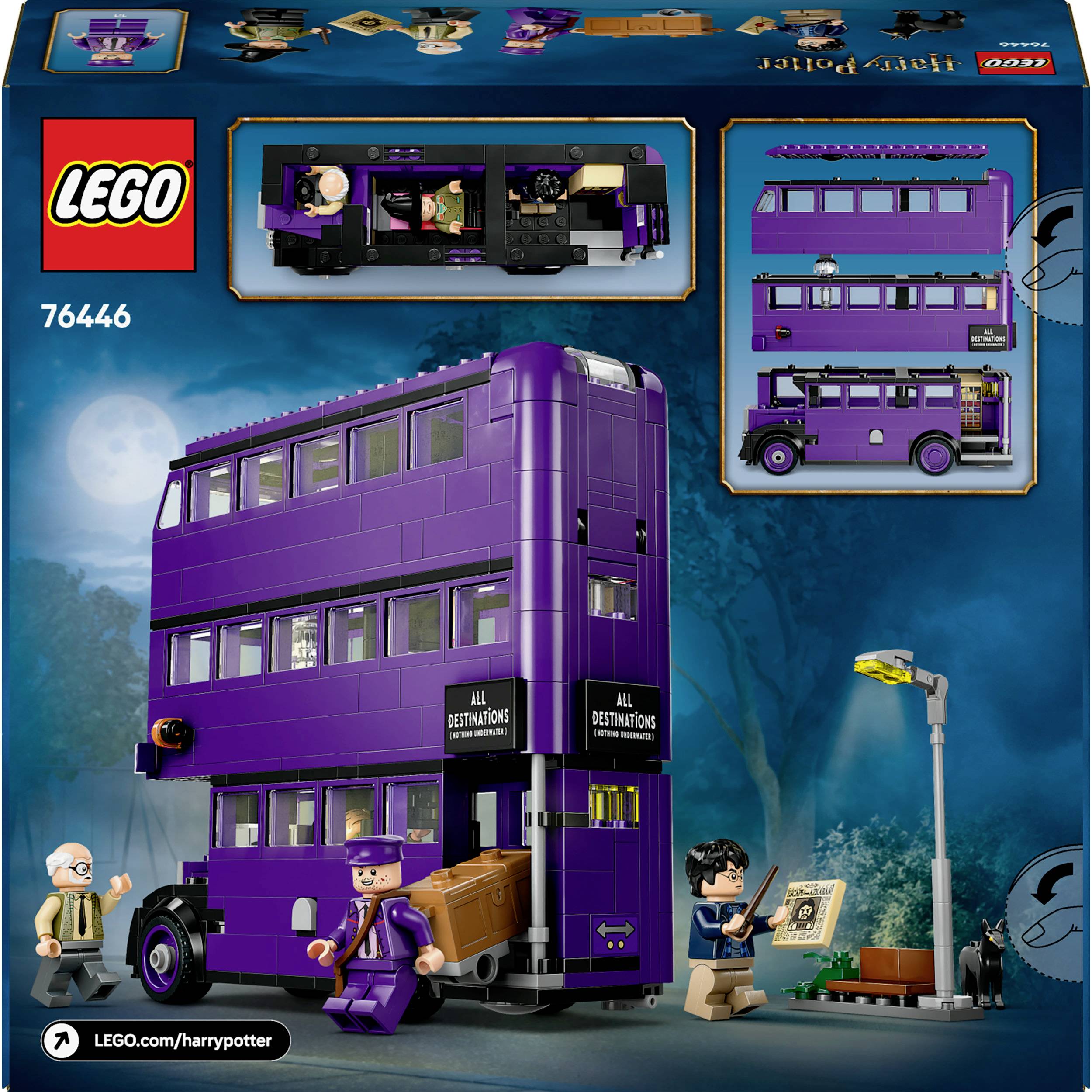 Fialový tříposchoďový autobus s hračkami od LEGO. Jsou viditelné dvě figurky a kufřík. Téma Harry Potter. Obal zobrazuje detaily.