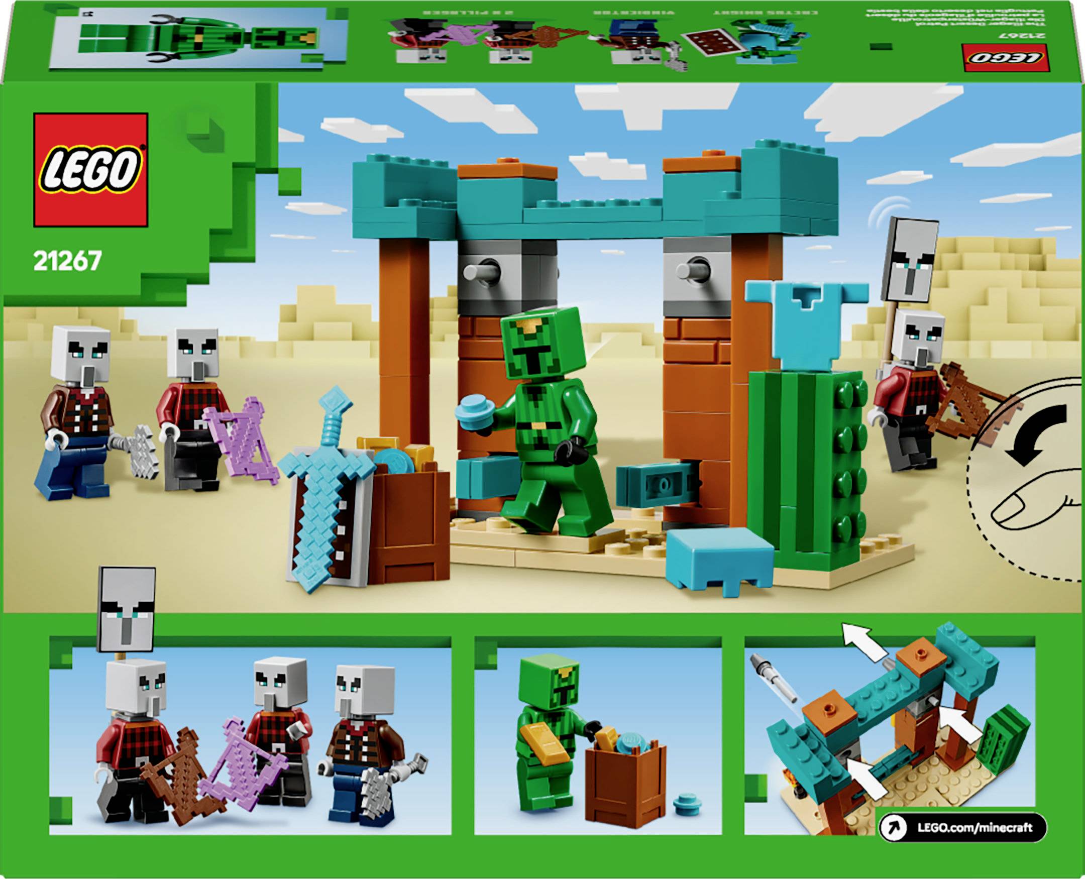 LEGO sada 21267: Minecraft pouštní scéna s figurkami a zbraněmi. V popředí stojí Creeper a dvě kostlivecké figurky.