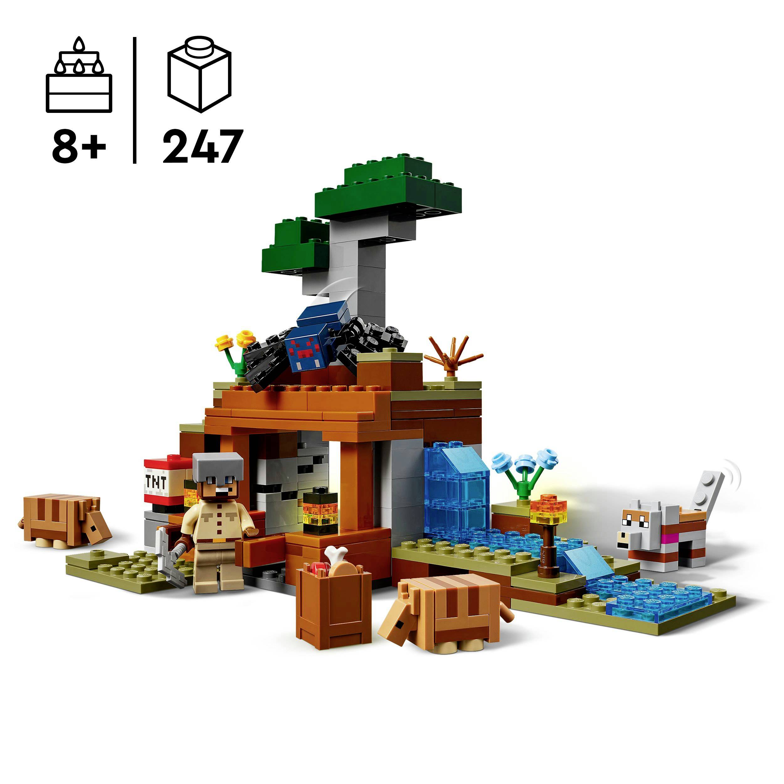 Scéna LEGO setu zobrazuje minecraft charaktery a zvířata před stromovým domem. Obsahuje 247 dílků, vhodné pro děti od 8 let.