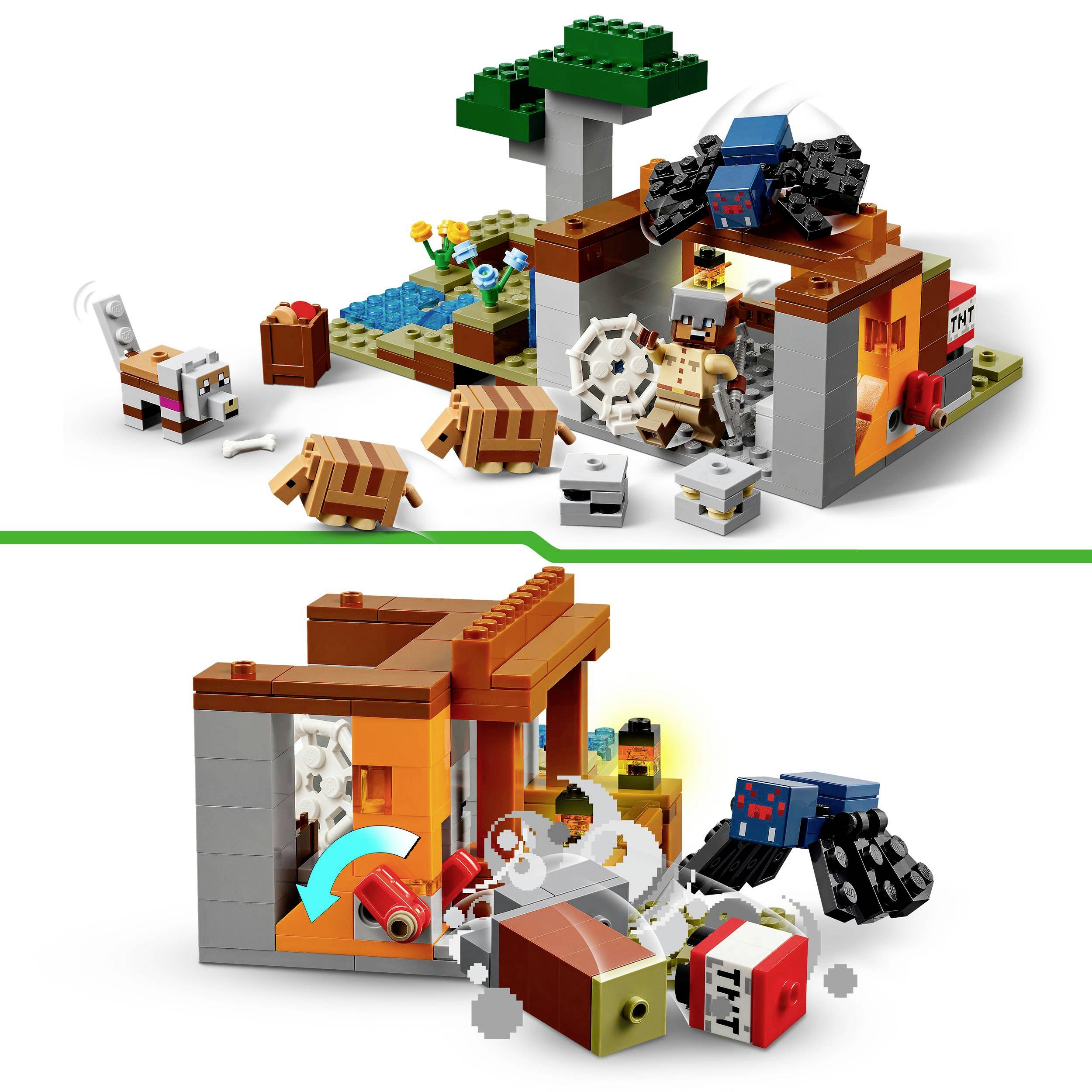 Dvě LEGO scény: Nahoře prasata a vlk v krajině s jedním stromem. Dole mechanická akce s figurkami a domem.