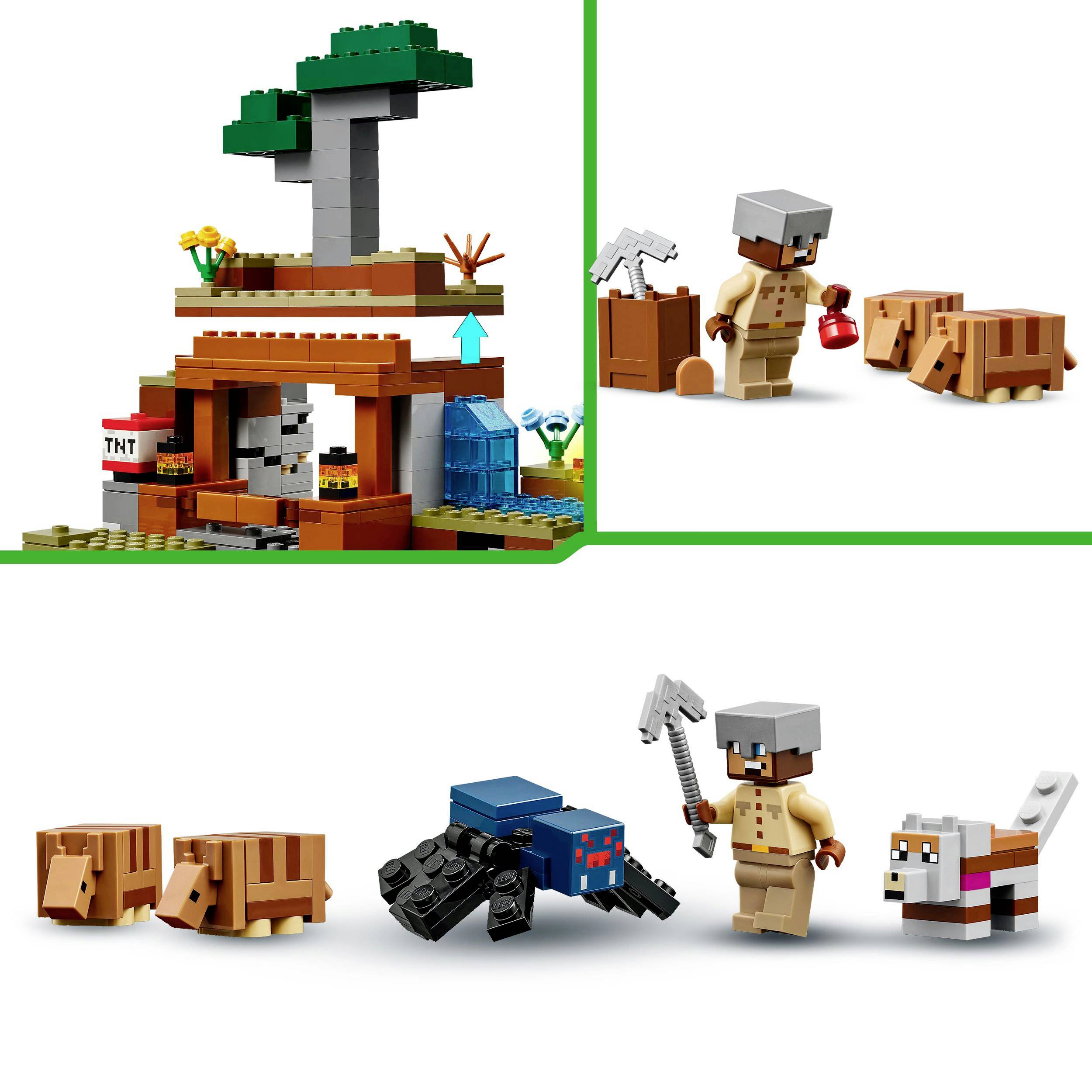 Scéna LEGO Minecraft s horníkem, pracovním stolem, pavoukem, dvěma prasaty a vlkem vedle stromu a TNT.