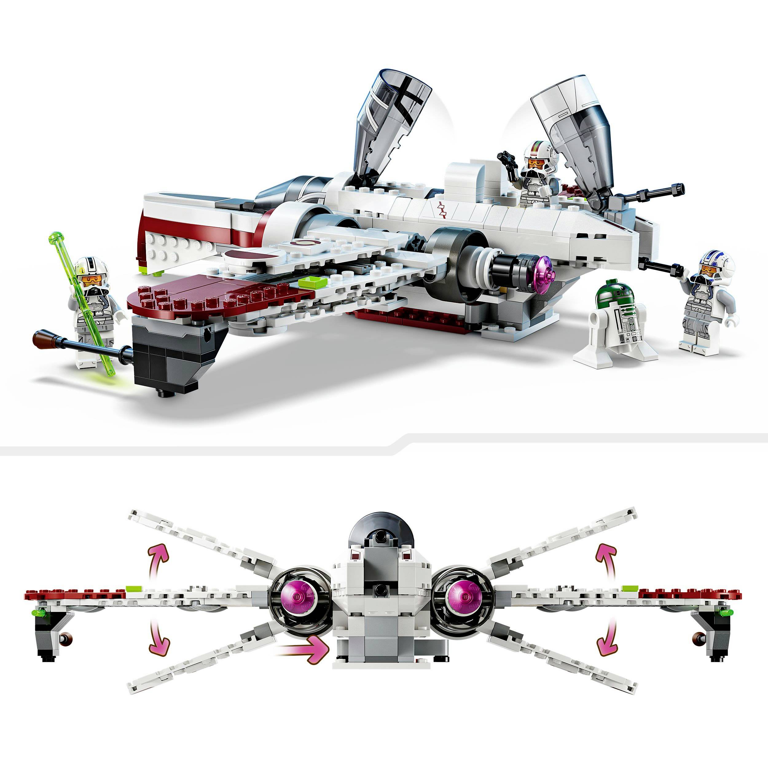 Sada LEGO obsahující vesmírnou loď, dvě minifigurky, droida a zelenou zbraň. Pohled na vesmírnou loď ve tvaru X s výklopnými křídly.
