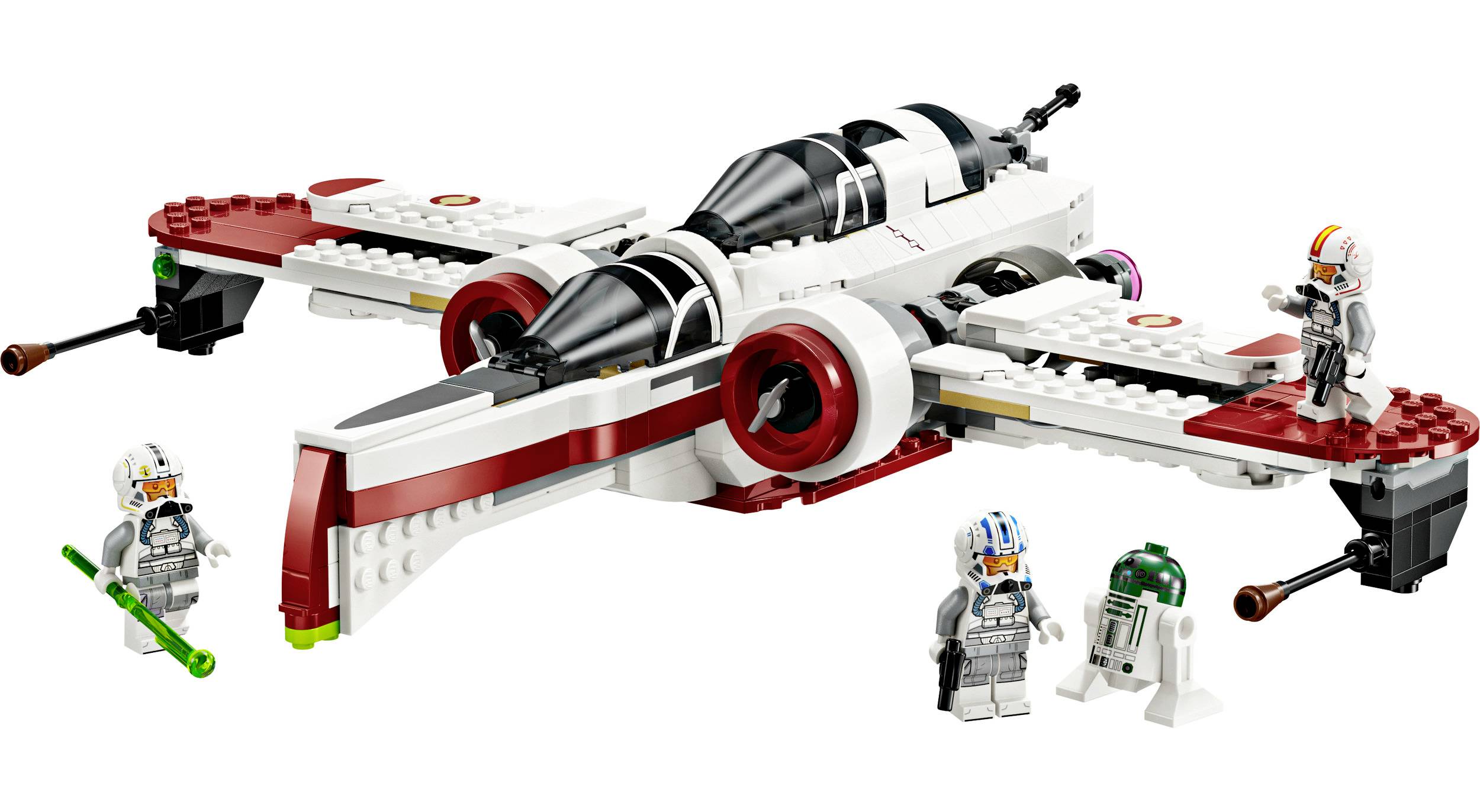 Model vesmírné lodi LEGO s červenými a bílými křídly, doprovázený čtyřmi minifigurkami, včetně droida a postav v kosmických oblecích.