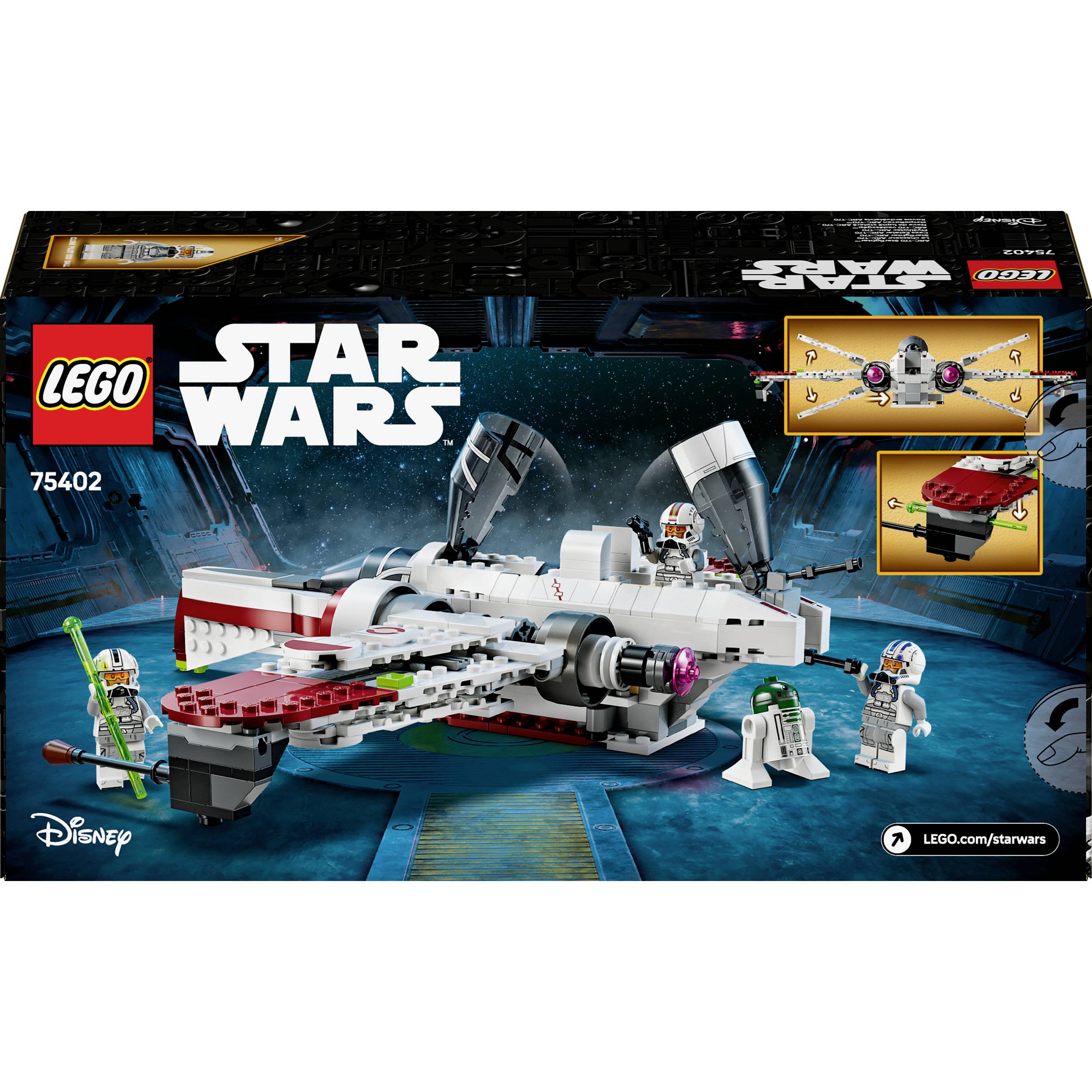 Sada LEGO Star Wars se vesmírnou lodí a miniaturními figurkami na obalu. Obsahuje detaily stíhačky X-Wing a postavy.
