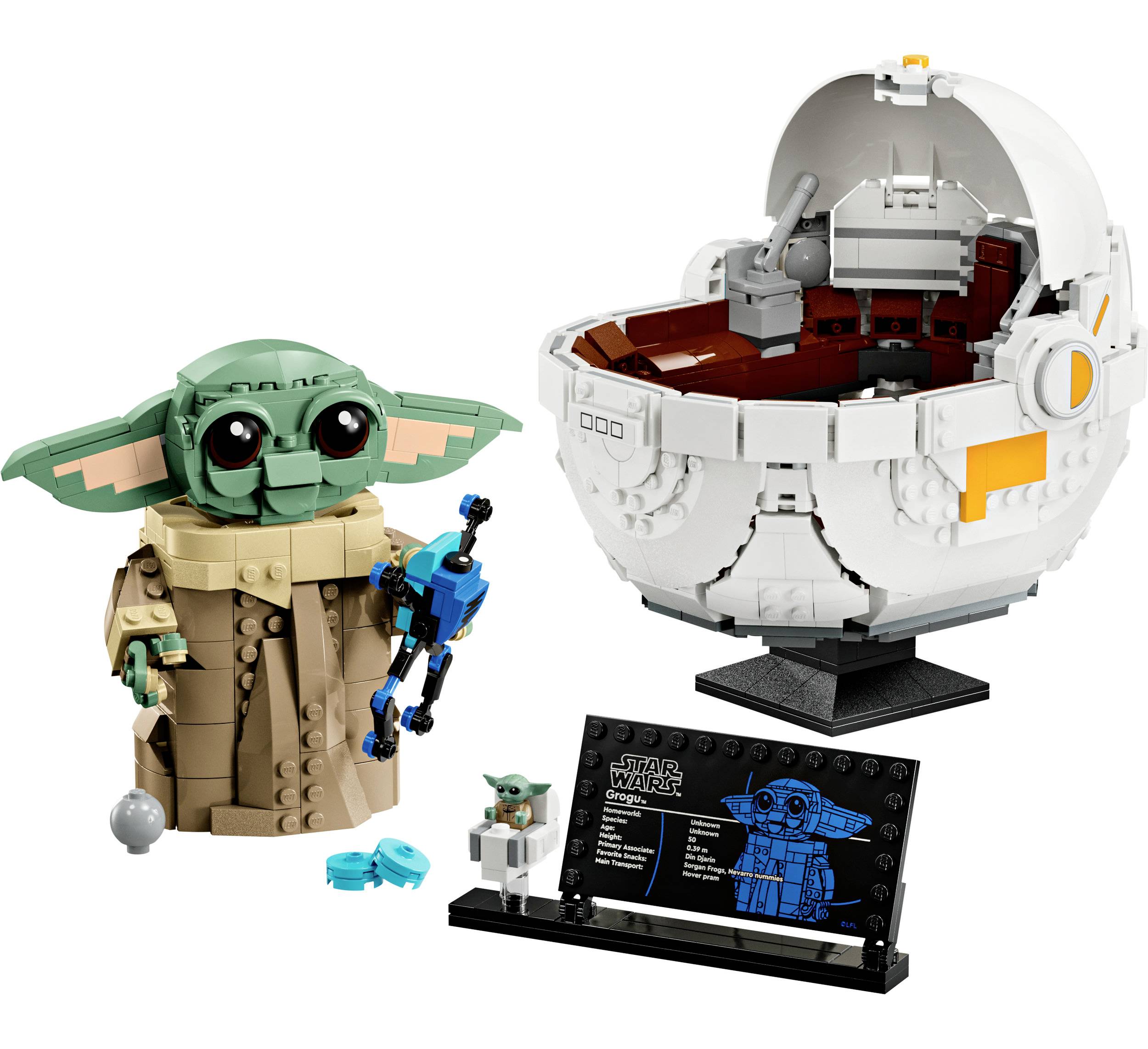 Stavebnice LEGO s figurkou 'The Child' a vznášející se dětský vozík z Star Wars, včetně malého displeje se štítkem s informacemi.
