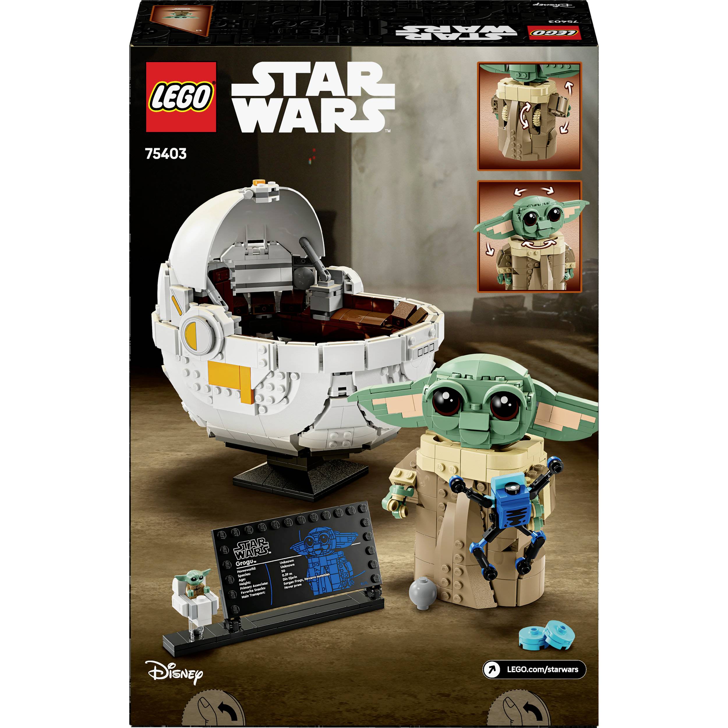 LEGO stavebnice s motivem Star Wars s figurkou miminka v hávu a vesmírnou lodí. Obal zobrazuje model a další detaily.