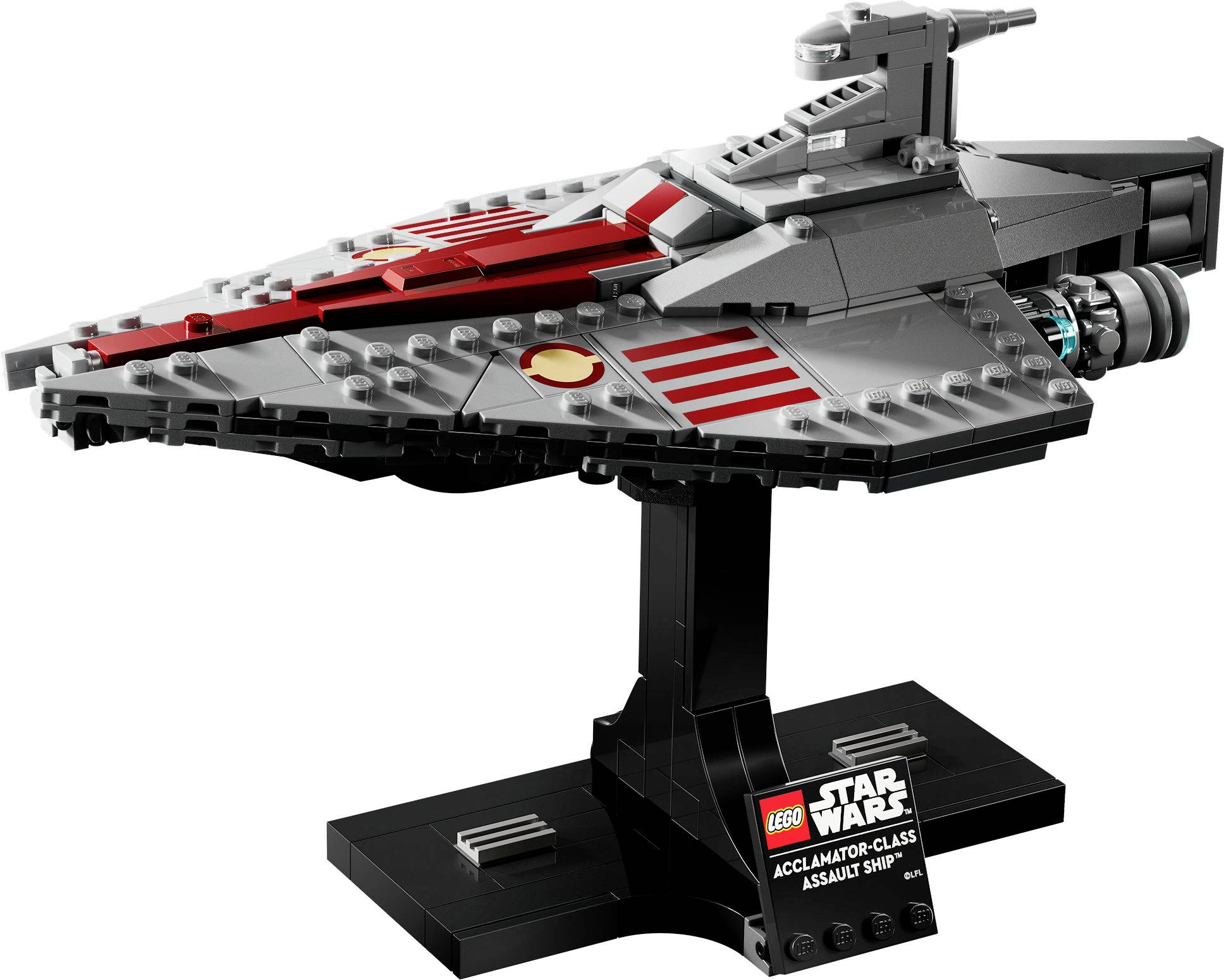 LEGO model lodě třídy Accumulator z filmu Star Wars umístěný na černém výstavním stojanu, s červenými akcenty a propracovanými detaily.