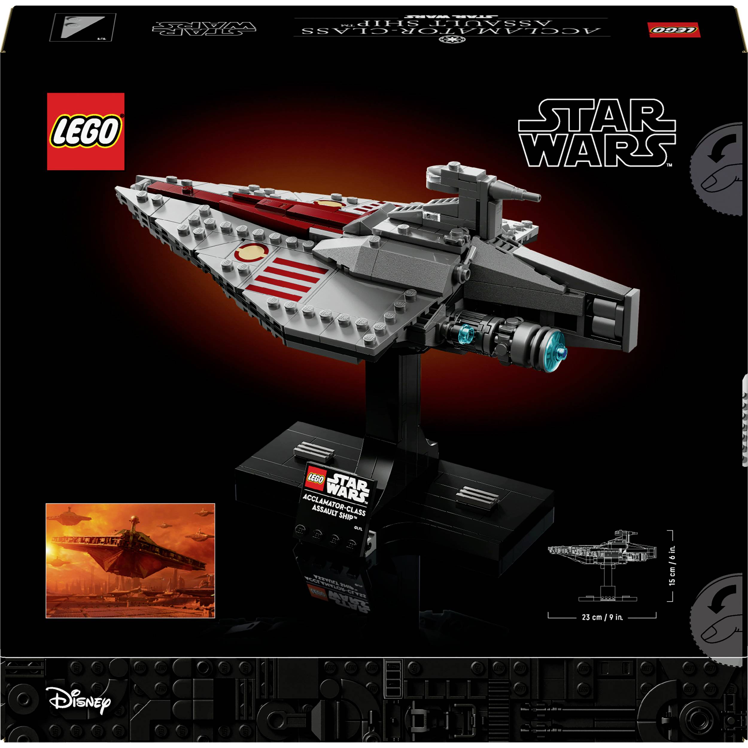 LEGO® model bitevní lodi třídy Venator z Star Wars se stojanem, krabice zobrazuje detailní loď a informace o sadě.