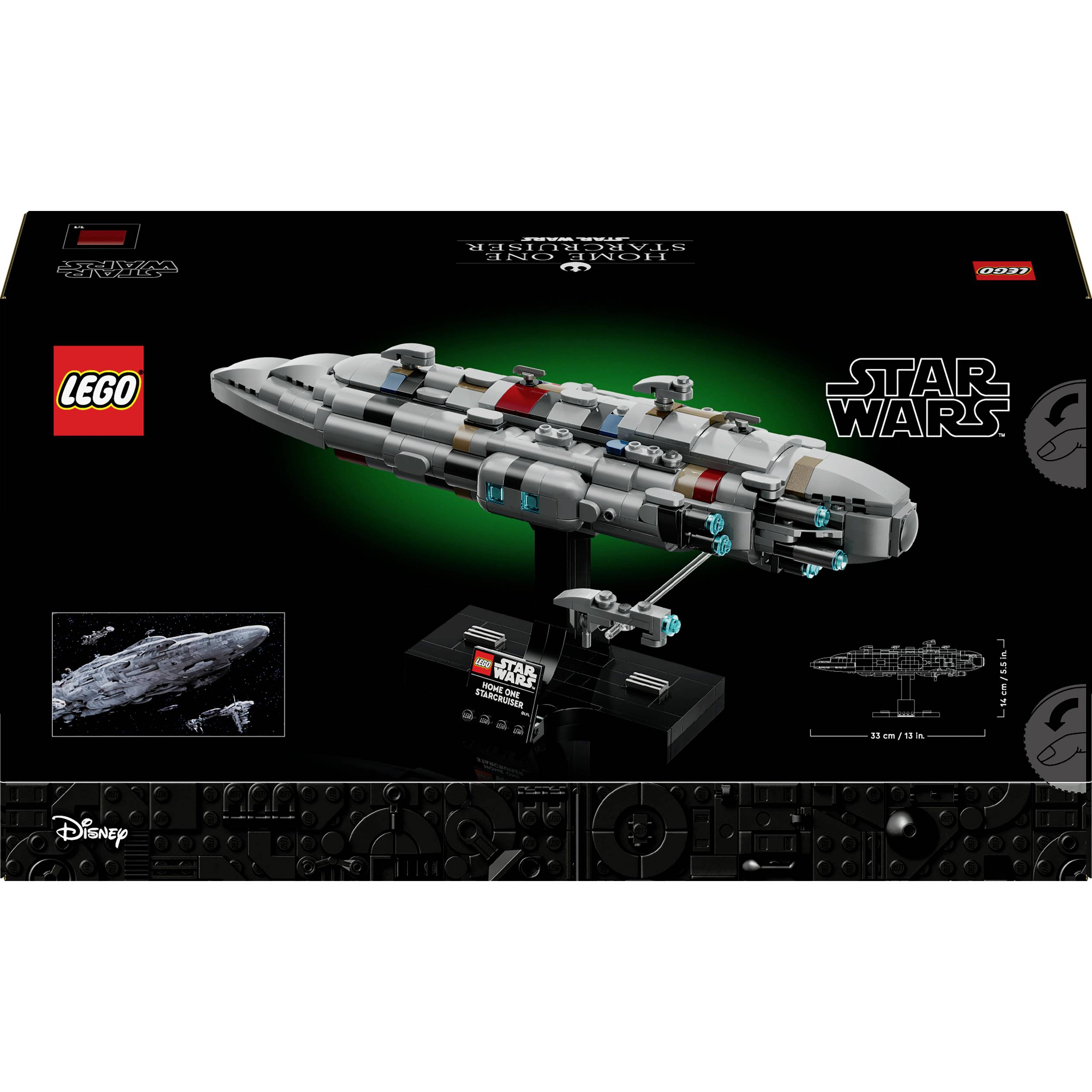 Model lodi Star Wars 'Tantive IV' ze stavebnice Lego na černém pozadí. Obal ukazuje detailní obraz vesmírné lodi.