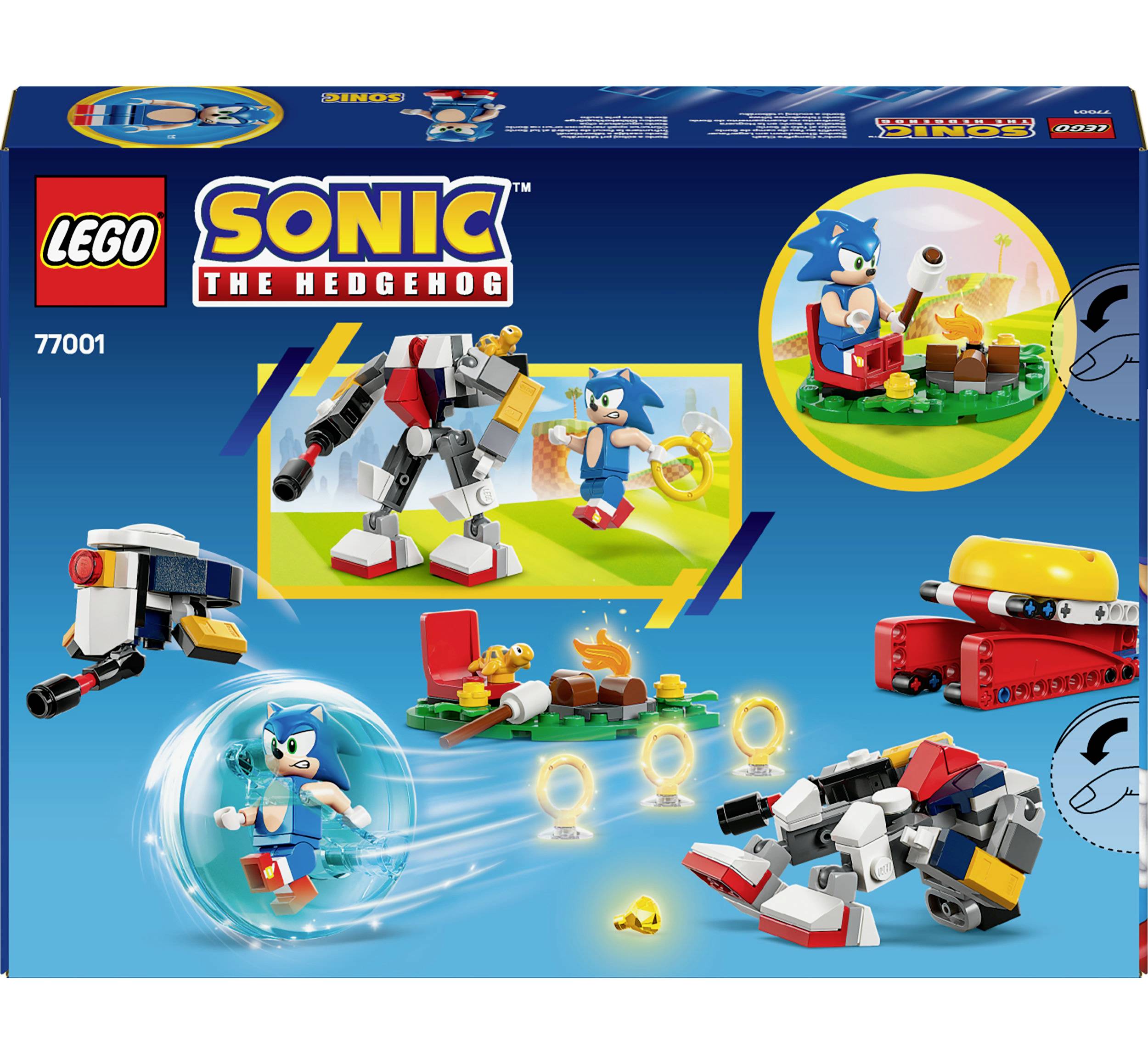 LEGO sada s motivem Sonica the Hedgehog. Zobrazuje Sonica v kouli, robota, stavitelné prostředí a pohybující se prstence.