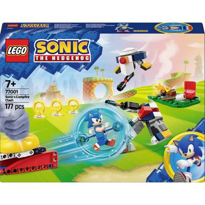 LEGO sada 'Sonic the Hedgehog'. Sonic běží barevnou krajinou s prsteny, bojuje proti robotovi. Obsahuje 177 dílků.
