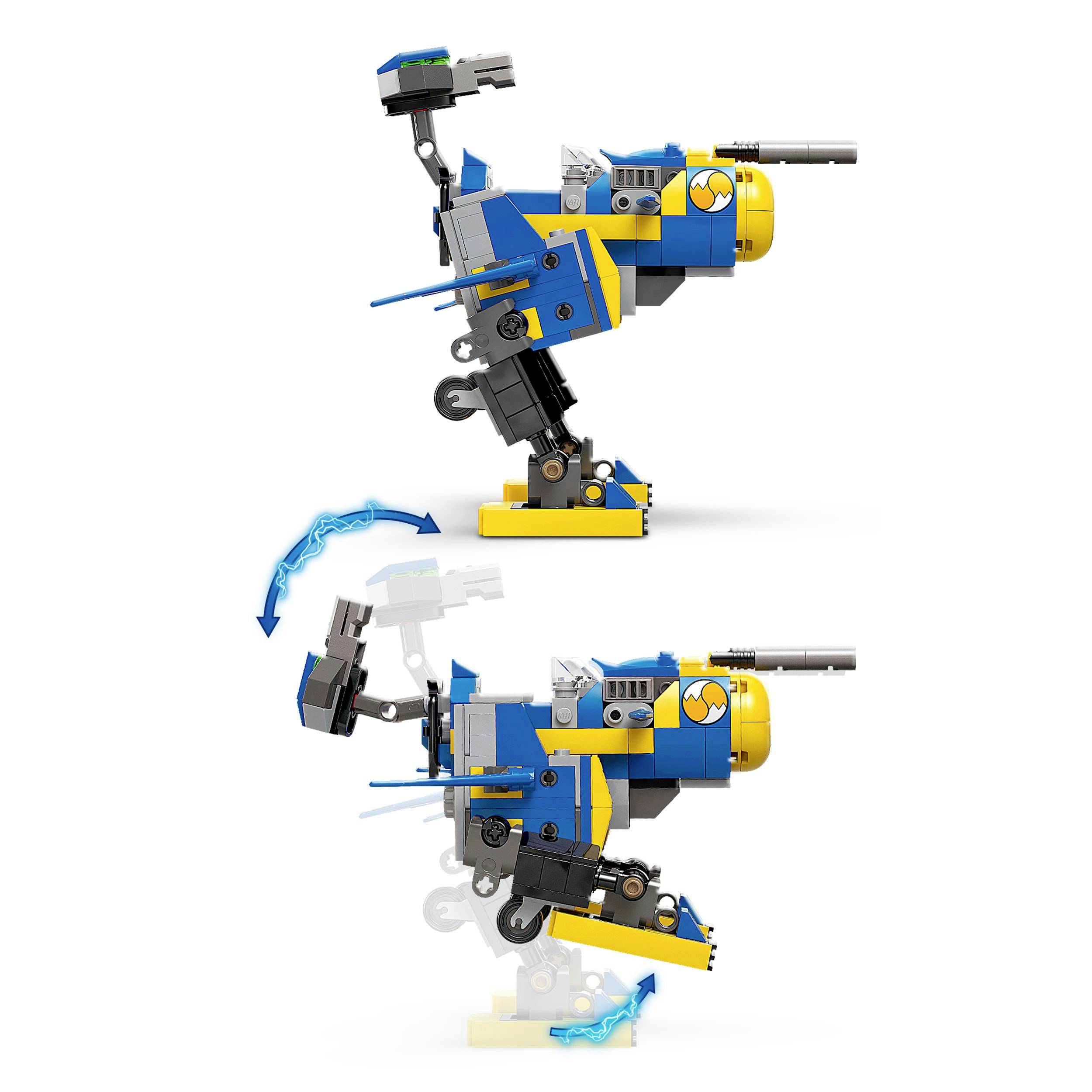 Modrý a žlutý hračkový robot se transformuje otáčením součástí do dvou různých podob.