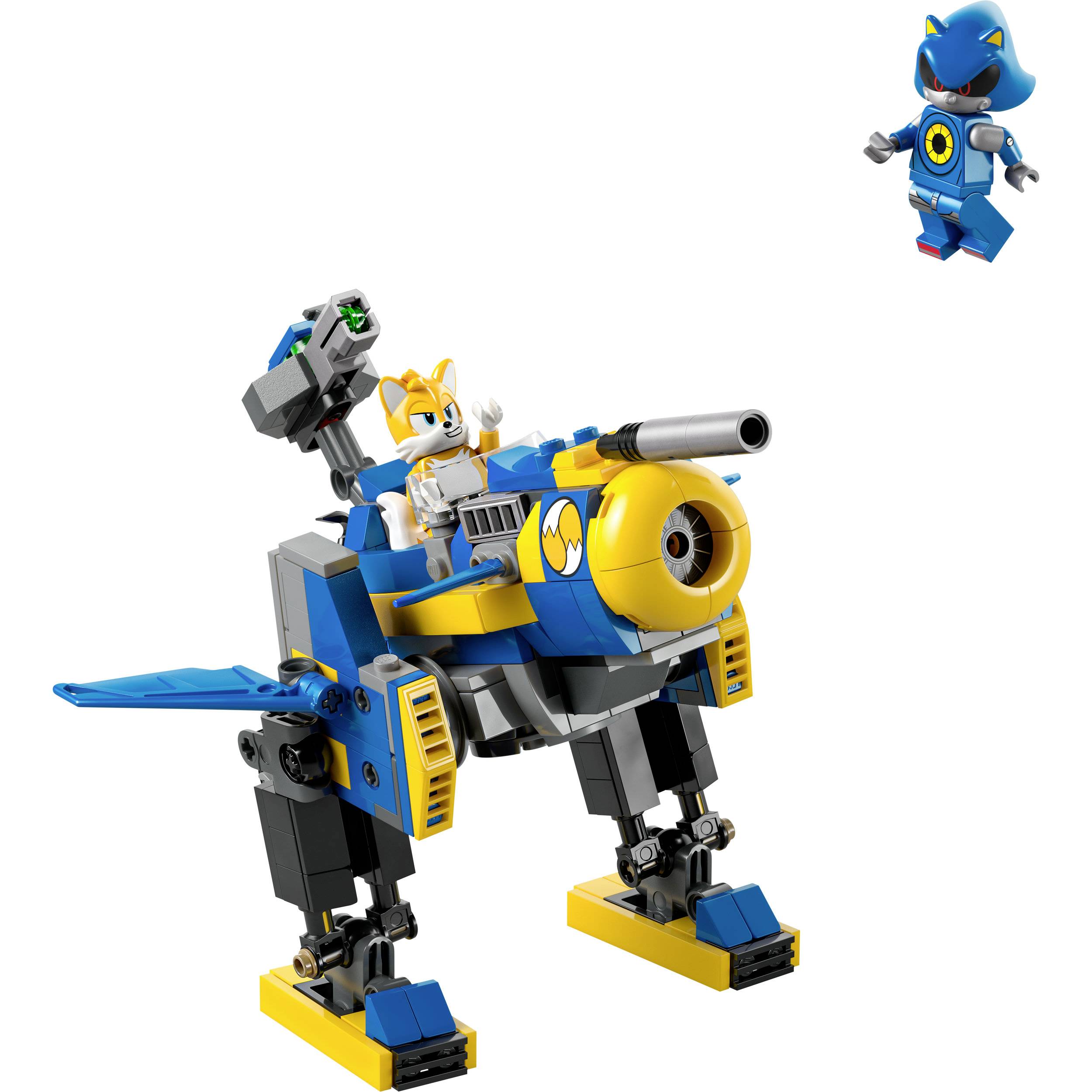 Mechanická hračka znázorňující robotického ptáka. Menší robotická postava se vznáší vedle něj. Oba jsou navrženi v modré a žluté barvě.