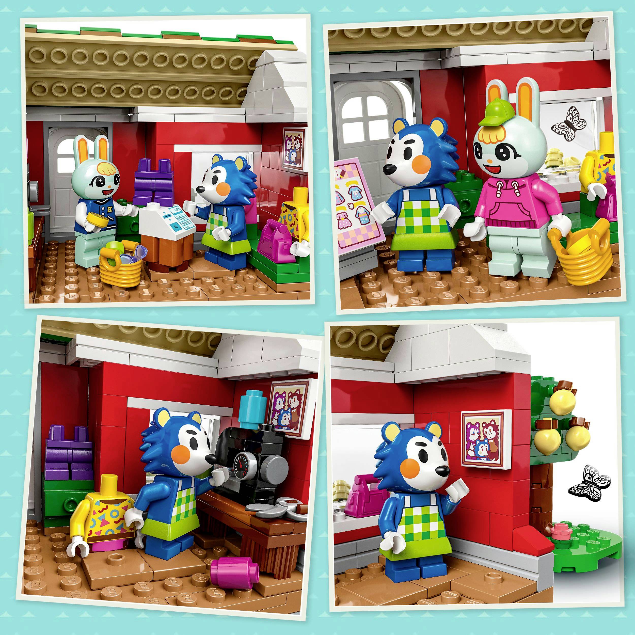 Čtyři scény z LEGO ukazují barevné zvířecké figurky v dílně. Králík a medvěd pracují na návrzích a jsou oblečeni do detailně propracovaného oblečení.