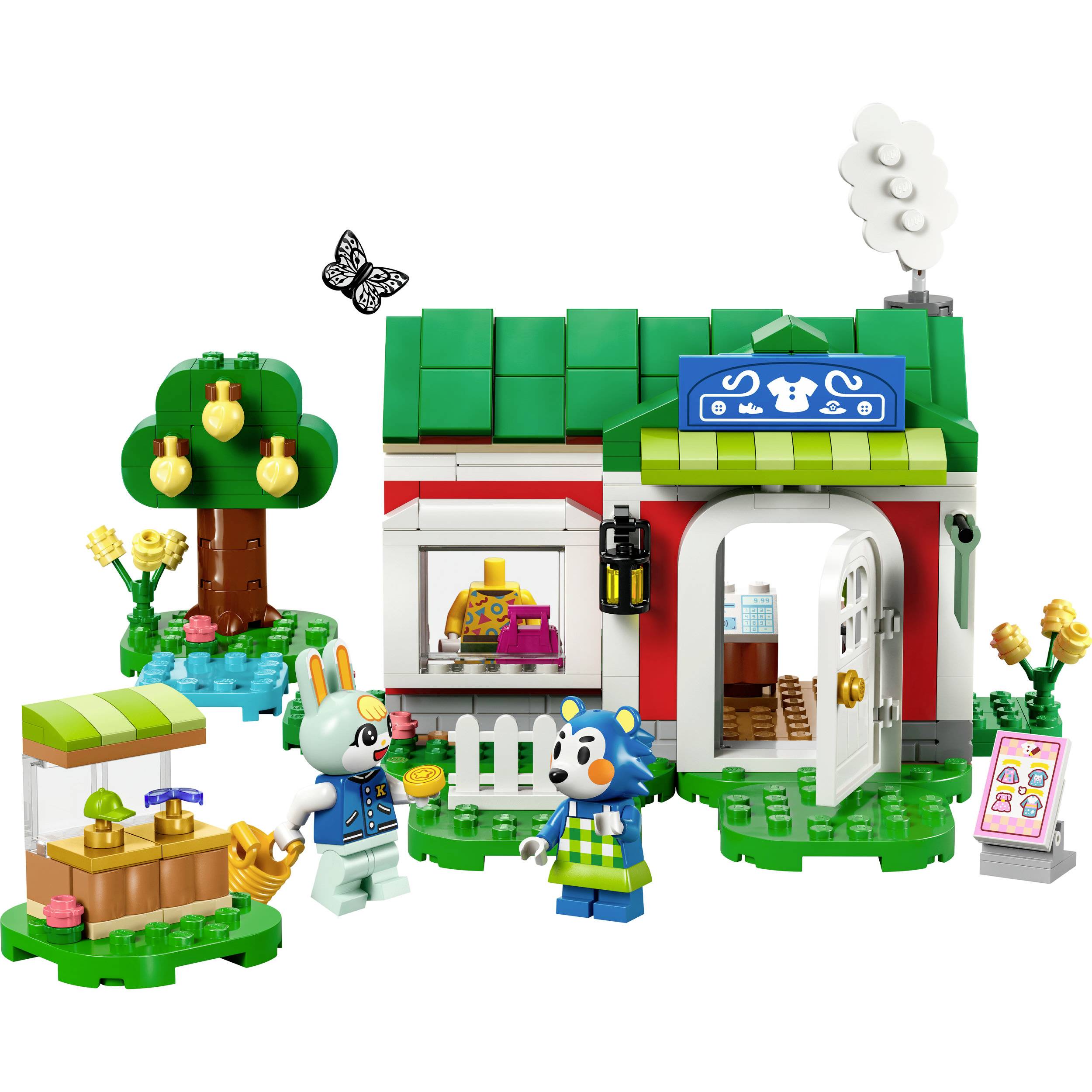 Sada Lego sestávající z malé chaty, stromu, prodejního stánku a dvou zvířecích figurek. Jedna z figurek drží konev na zalévání.