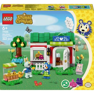 LEGO sada 'Animal Crossing - Obchod s oblečením Able Sisters' se 322 díly. Obsahuje budovu, dvě figurky a příslušenství. Vhodné pro děti od 6 let.