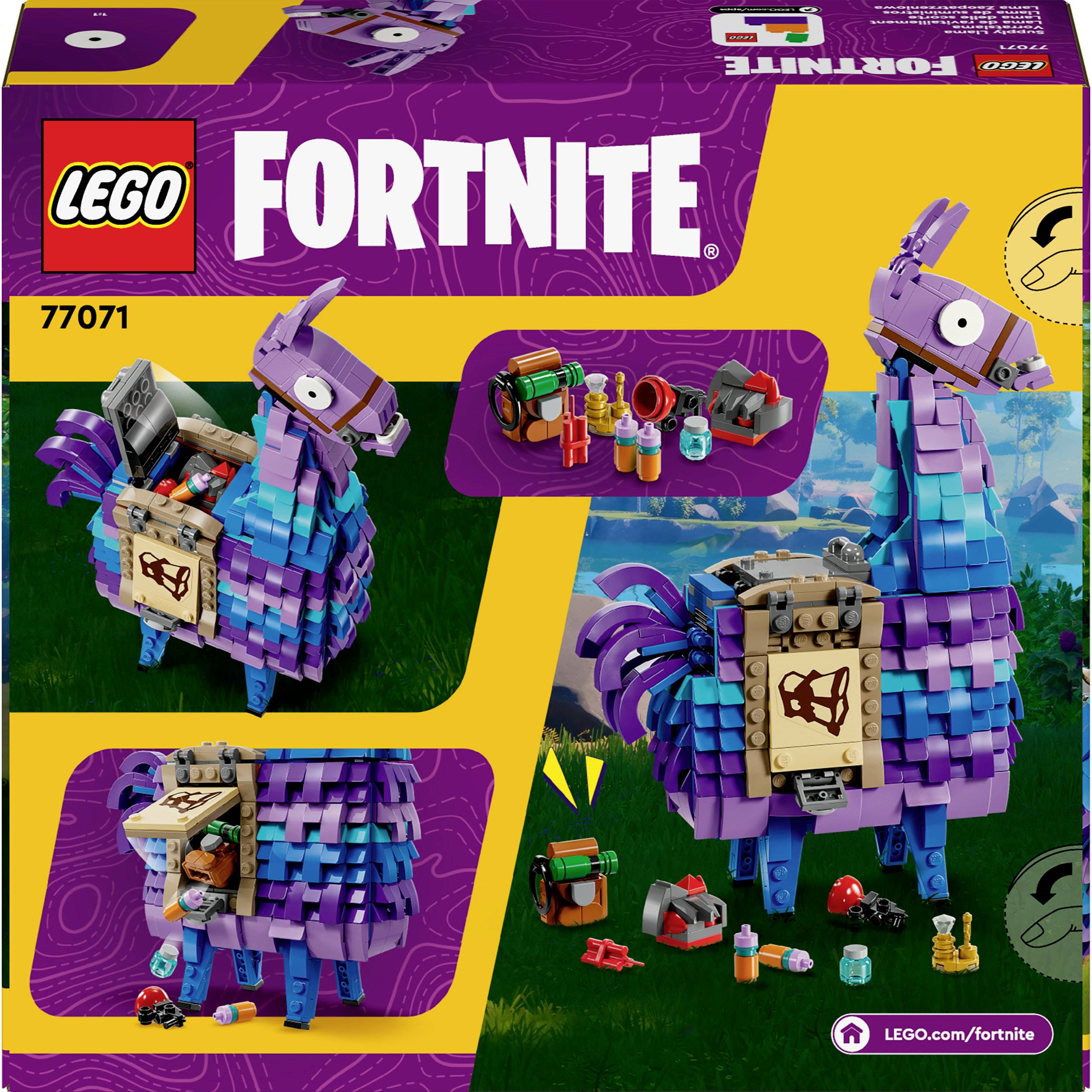 Lego replika lamy z Fortnite s příslušenstvím, jako jsou nástroje a vybavení ze hry, umístěná na trávníku.