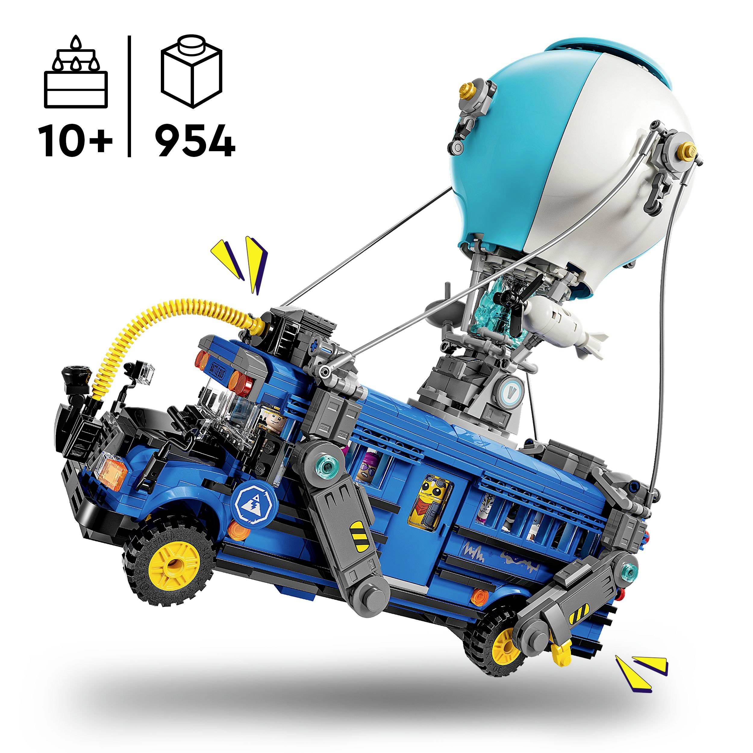 Sada LEGO se modrým létajícím autobusem a balónem. Nad sadou symboly: '10+' a '954'.