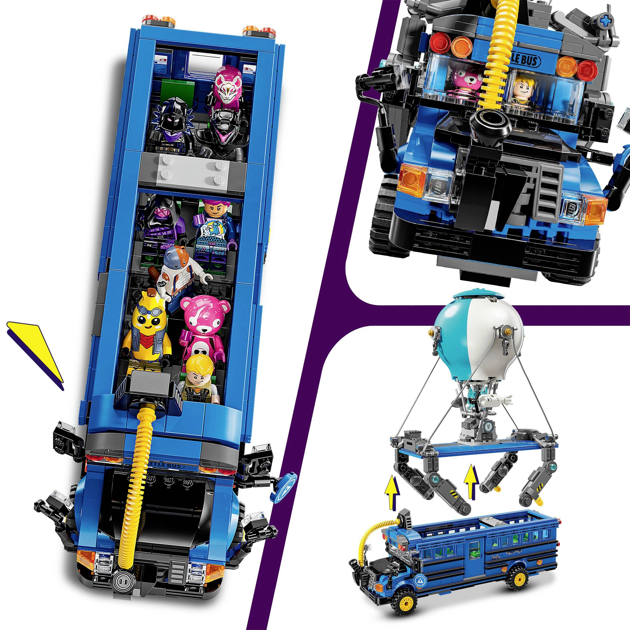 Modrý LEGO autobus s odnímatelnou střechou ukazuje cestující. Na autobusu lze upevnit vozidlo poháněné balónem.