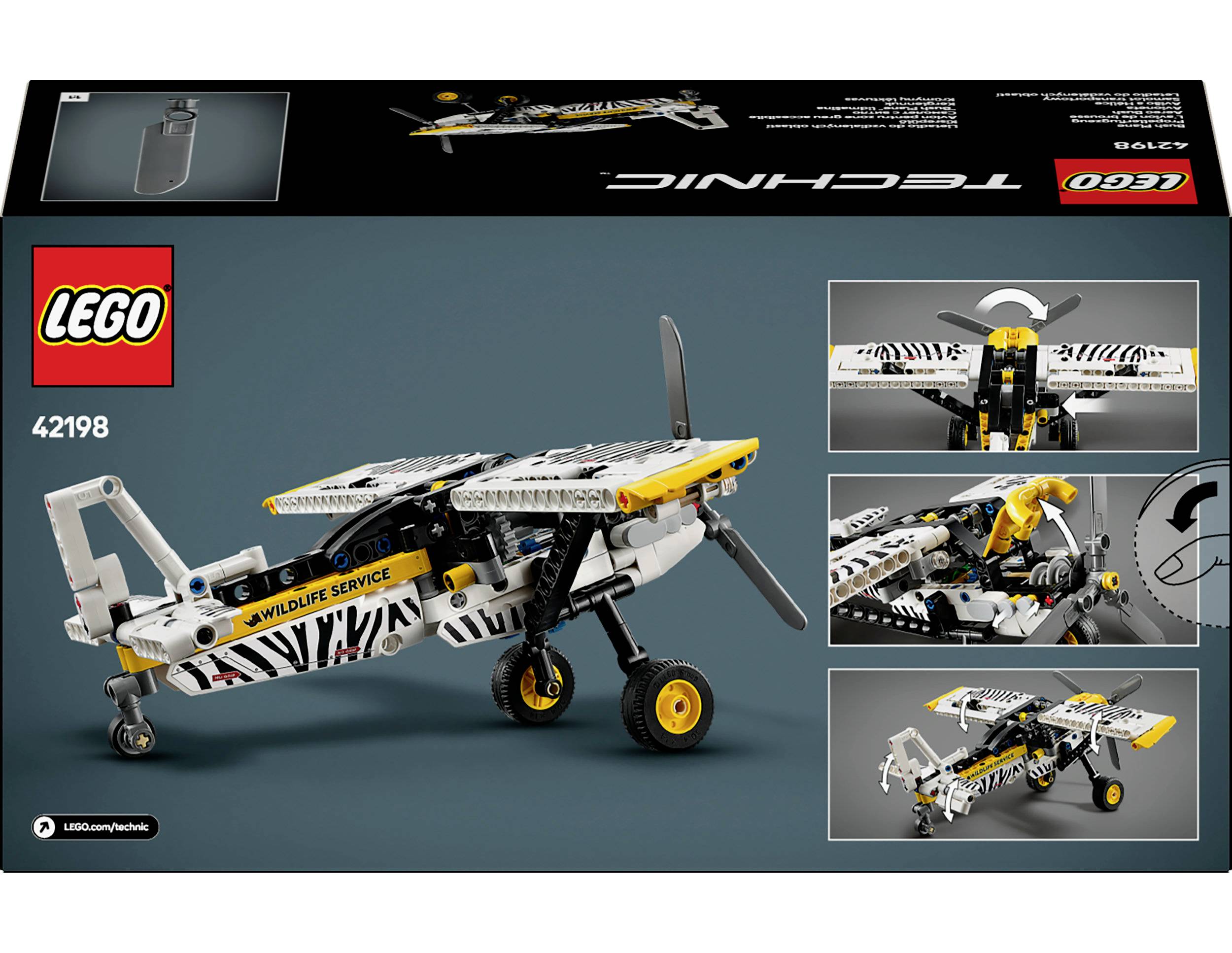 LEGO Technic Set 42198 ukazuje malé letadlo s motivem zebry a nápisem 'SLUŽBA PRO VOLNĚ ŽIJÍCÍ ZVÍŘATA', spolu s konstrukčními detaily.