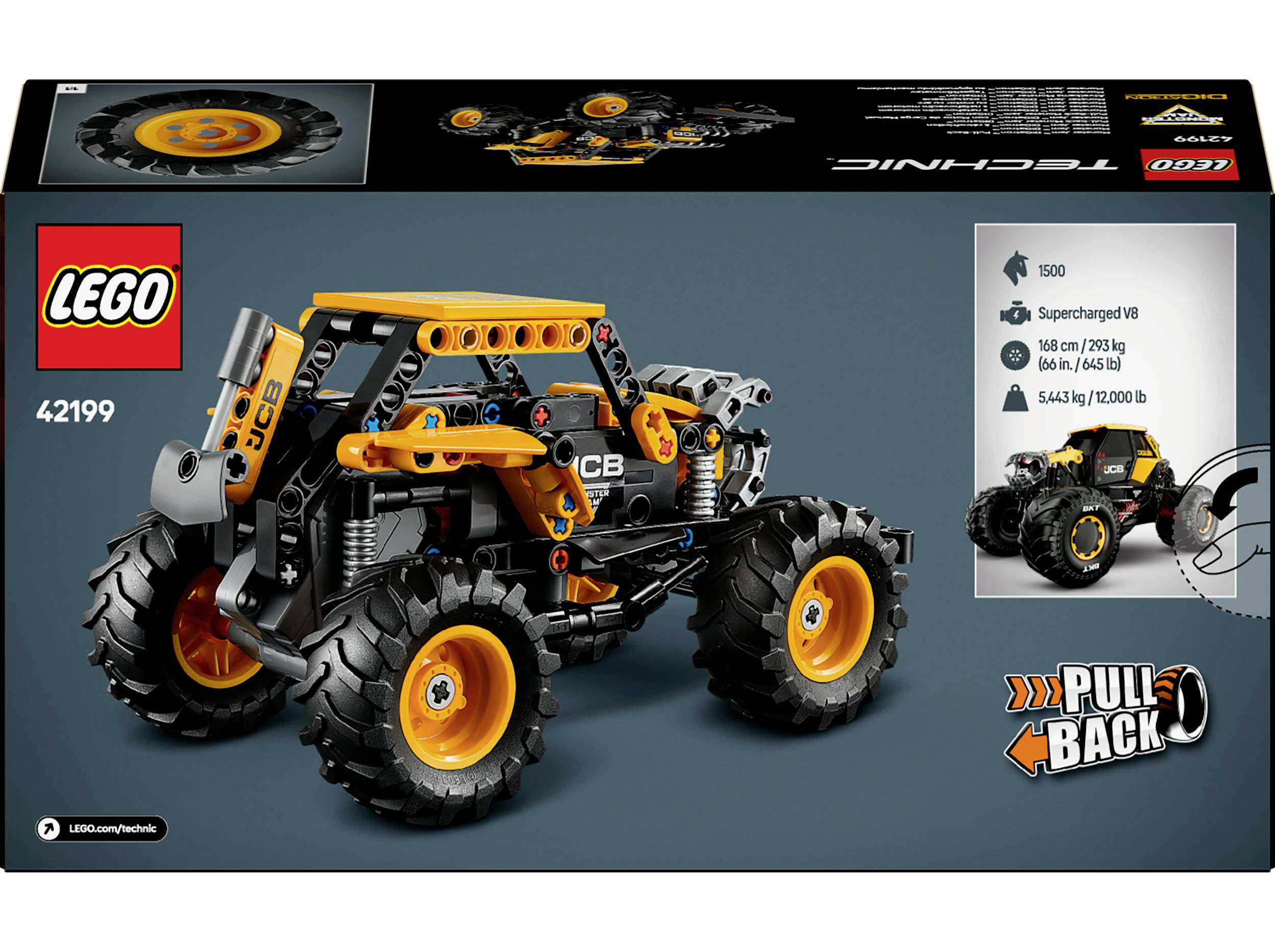 LEGO Technic Model 42199: Žluté a černé JCB hračkové auto s velkými koly, uvedené jako 'Pull-Back'.