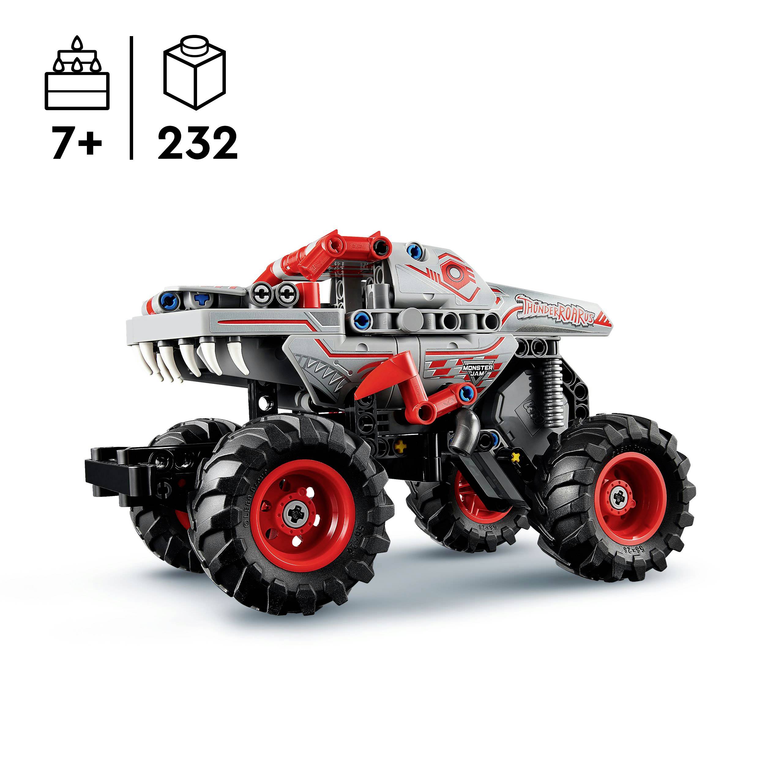 Stavebnice LEGO Technic, model monster trucku s velkými koly, v šedých tónech s červenými akcenty, doporučeno pro děti od 7 let, 232 dílků.
