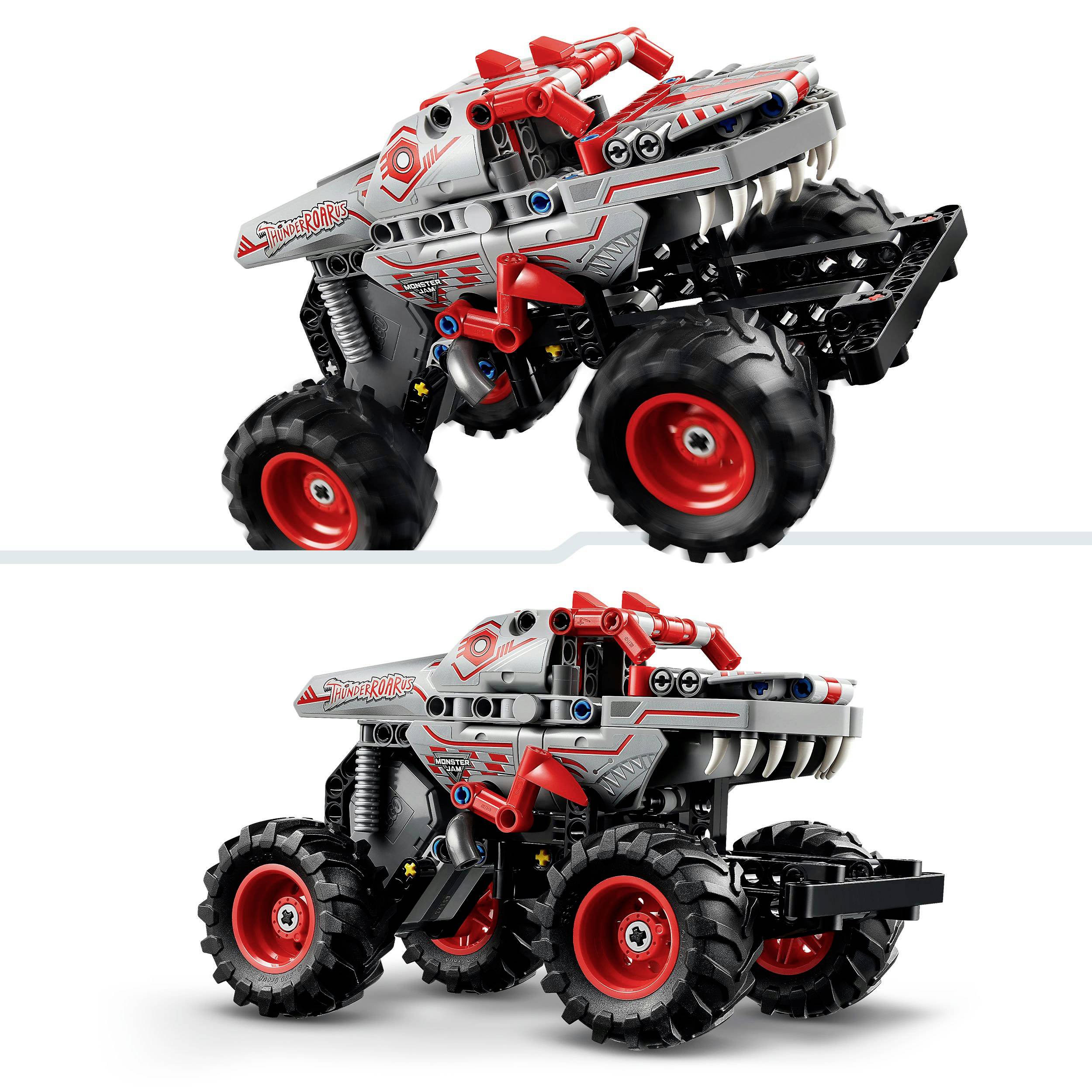 Dálkově ovládané hračkové autíčko ve stylu monster trucku s velkými pneumatikami a agresivním designem; v červeno-šedém provedení.
