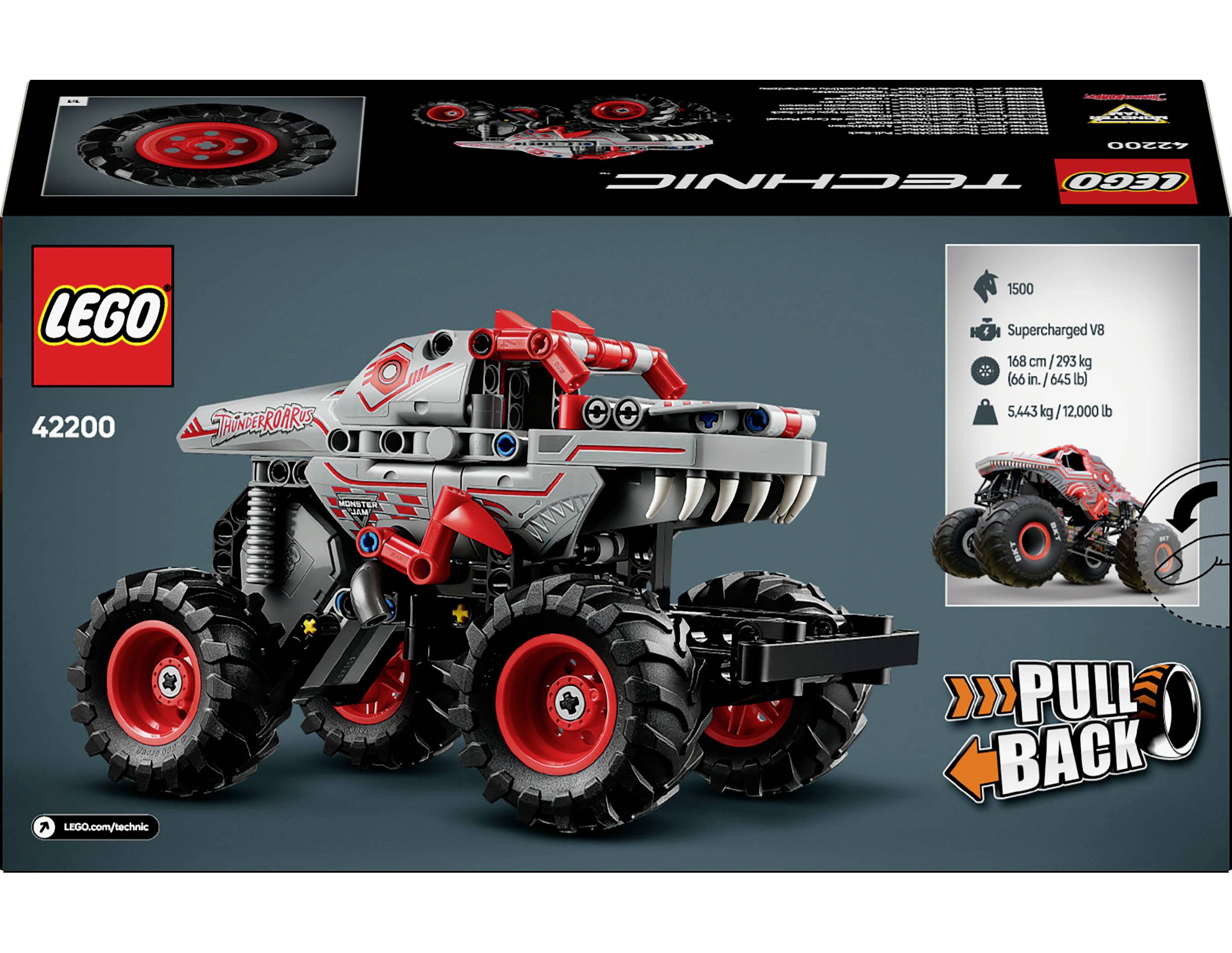 LEGO sada 42200: Model monster trucku se zpětným natahovacím motorem, velkými pneumatikami a agresivním designem. Obsahuje technické detaily a funkce.