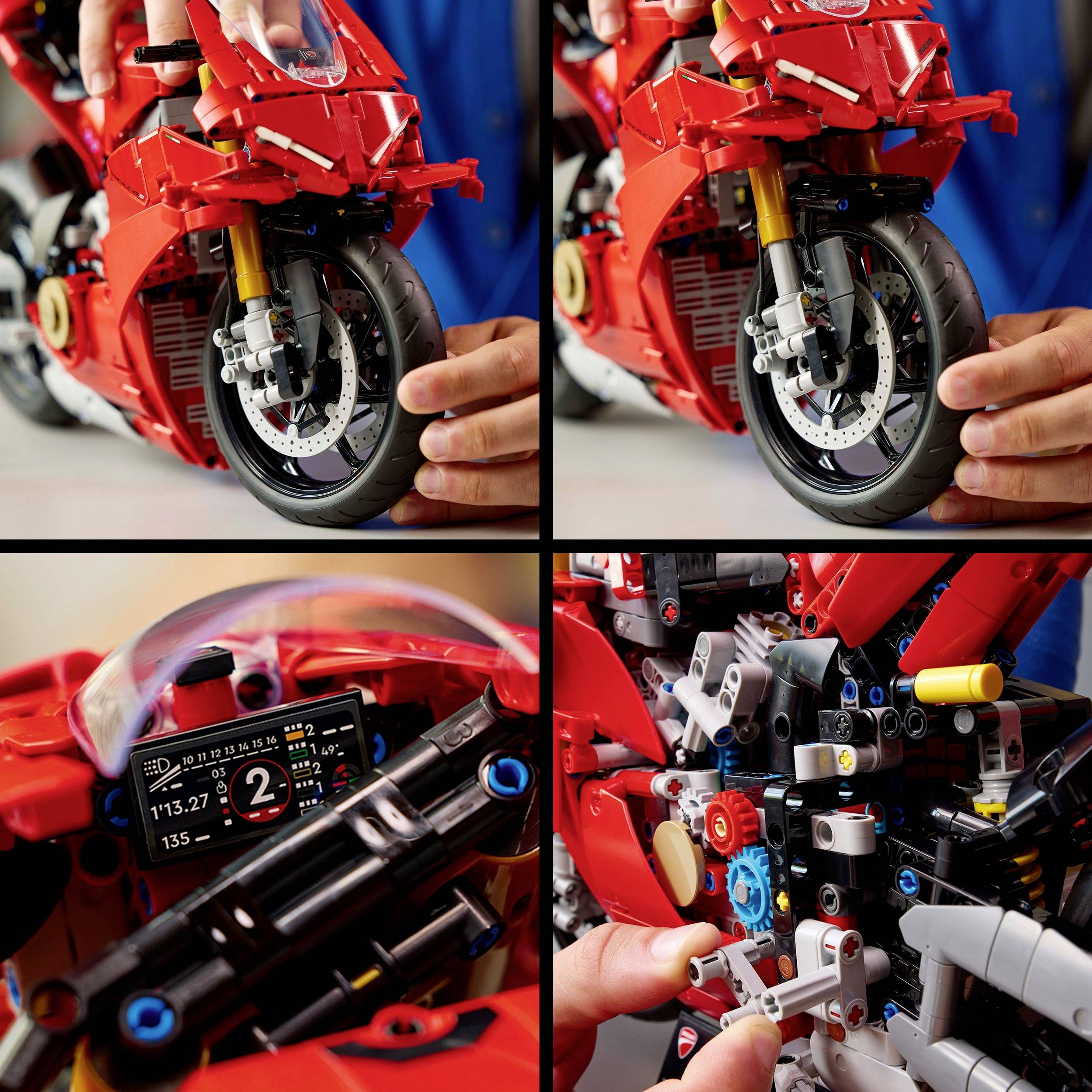 Detailní záběr červené motorky LEGO Technic. Nahoře vlevo: Přední kolo s kotoučovou brzdou. Nahoře vpravo: Ruka drží přední kolo. Dole vlevo: Přístrojová deska s digitálním displejem. Dole vpravo: Probíhá stavba motorové části.