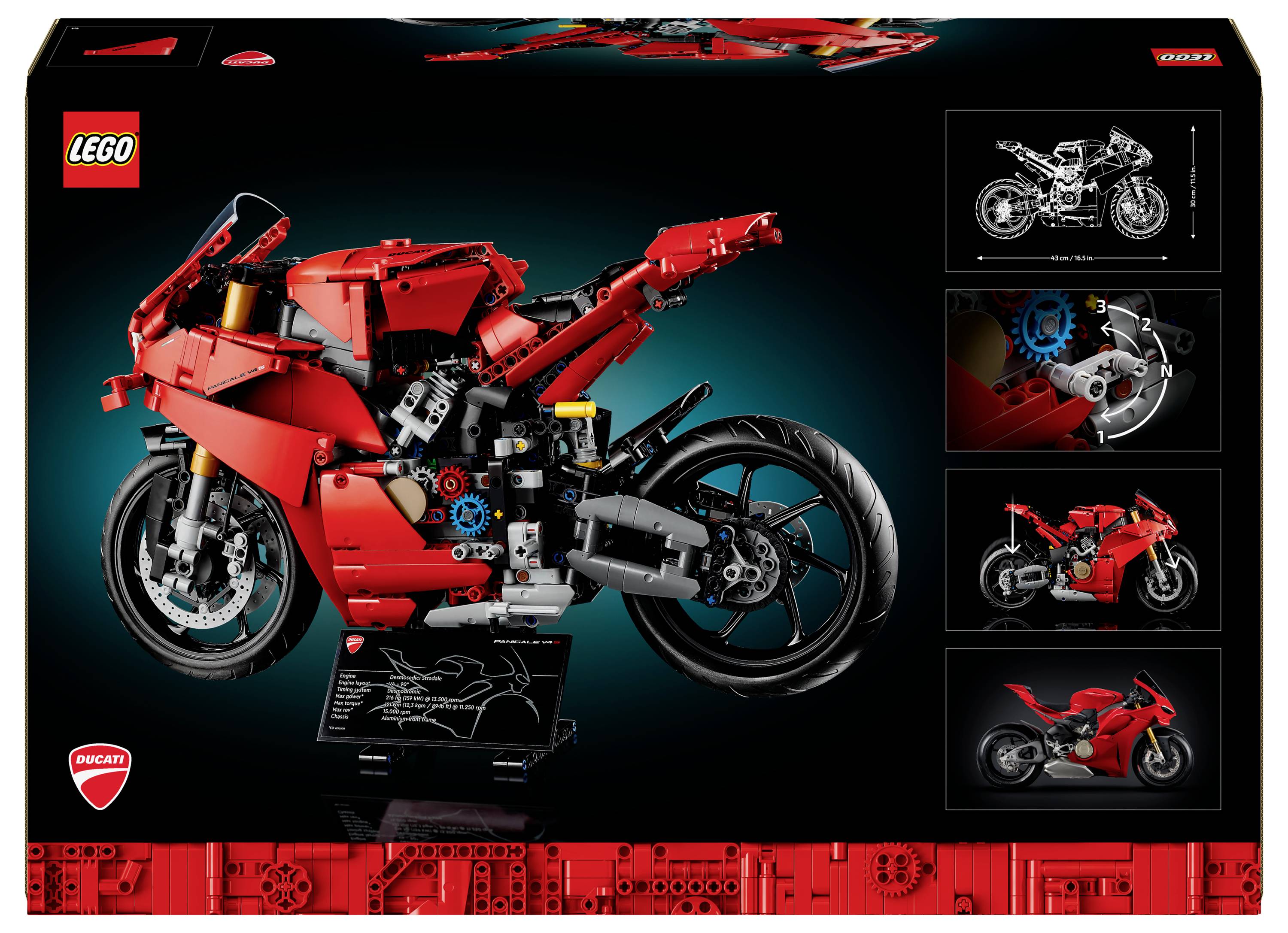 Stavebnice LEGO s červeným modelem motocyklu v designu Ducati. Detailní pohledy mechaniky na obalu.