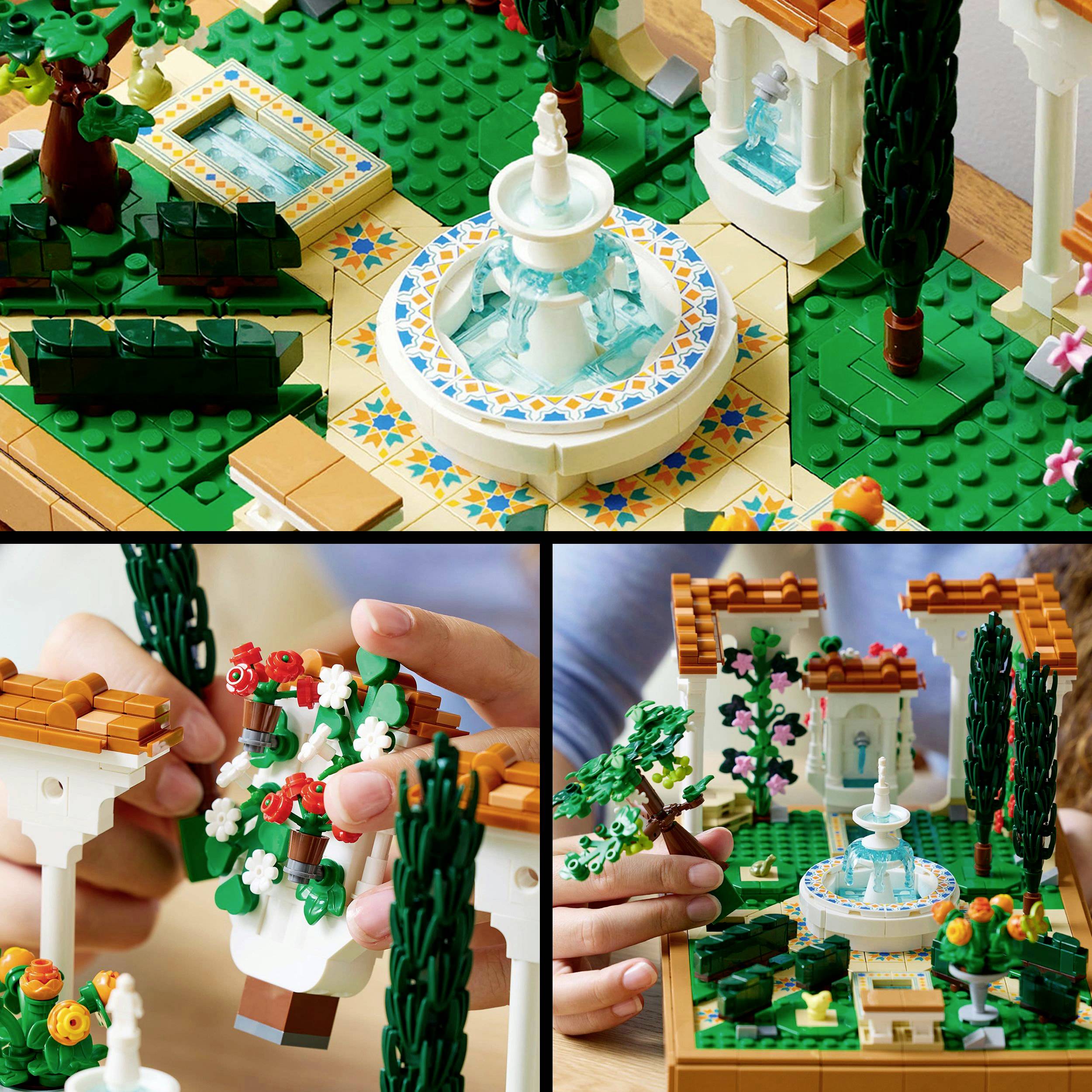 Lego sada zobrazuje středomořskou zahradu s fontánou a sochou. Dva detailní záběry rukou při sestavování rostlin a detailů.