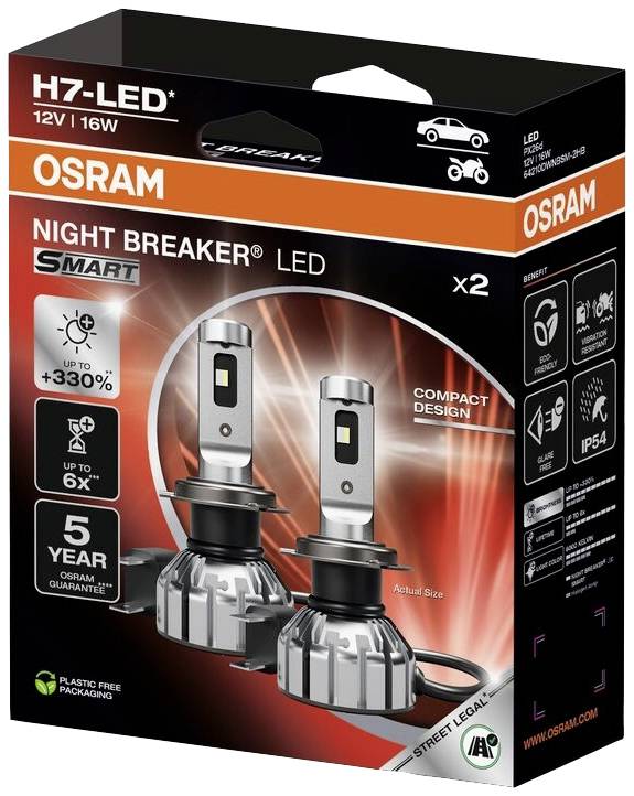 Obrázek zobrazuje balení LED žárovek 'OSRAM Night Breaker H7' pro automobilové světlomety, 12V/16W, záruka 5 let, sada se 2 kusy.