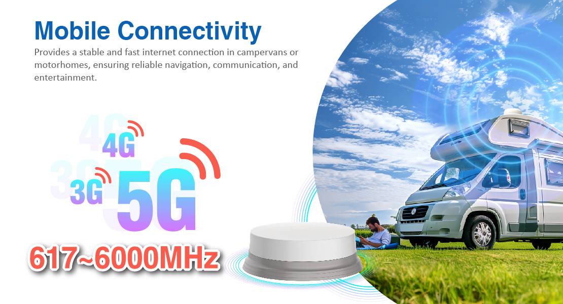 Mobilní konektivita: Stabilní a rychlé internetové připojení v obytných vozech pro navigaci, komunikaci a zábavu. Podpora 4G, 3G, 5G; frekvenční rozsah 617~6000 MHz.