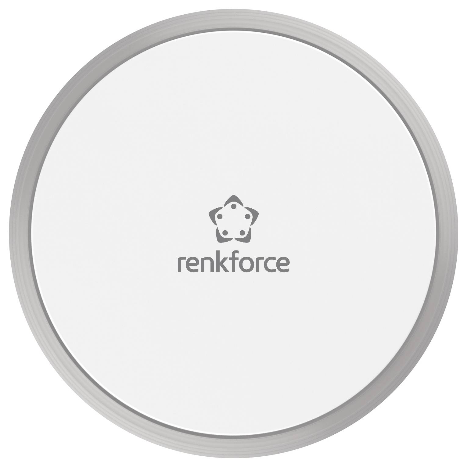 Bílý, kulatý knoflík s logem a nápisem 'renkforce', umístěný na šedém podkladu.