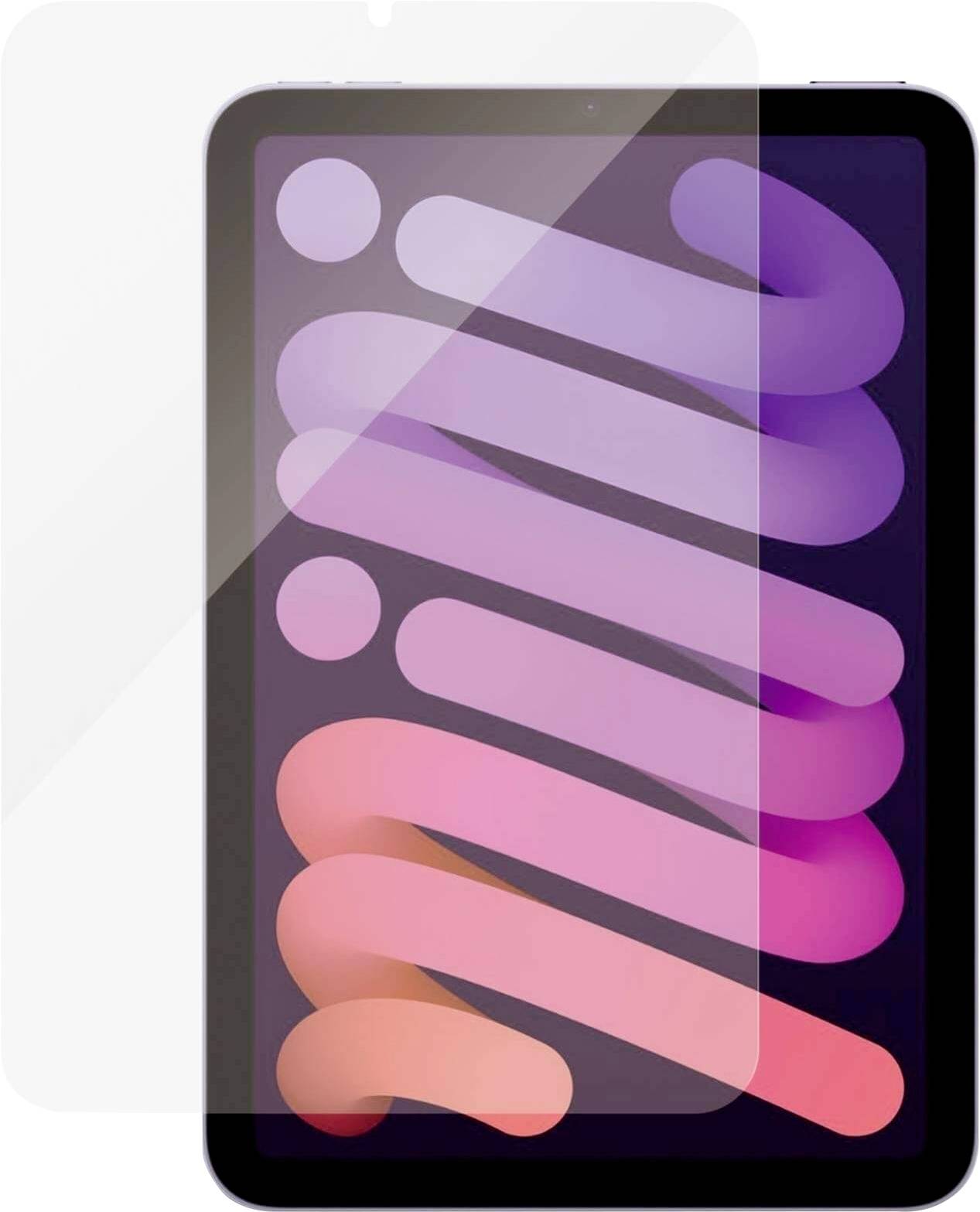 Tablet s barevným designem obrazovky v odstínech fialové a růžové. Na obrazovce je ochranná fólie, která je částečně odlepená.