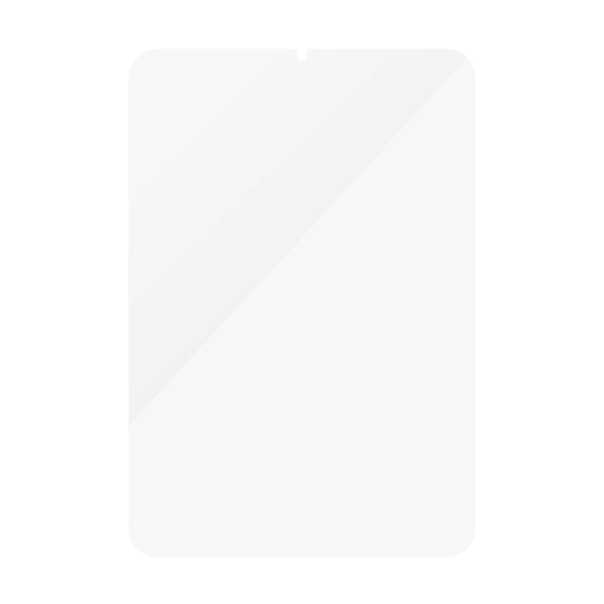 Transparentní ochranné sklo pro tablet, určené pro přední stranu, s oblými rohy a výřezem pro fotoaparát.