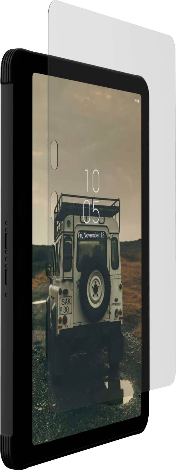 Tablet s obrázkem terénního vozu na obrazovce. Je zobrazený čas 10:05 a datum pátek, 18. listopadu.
