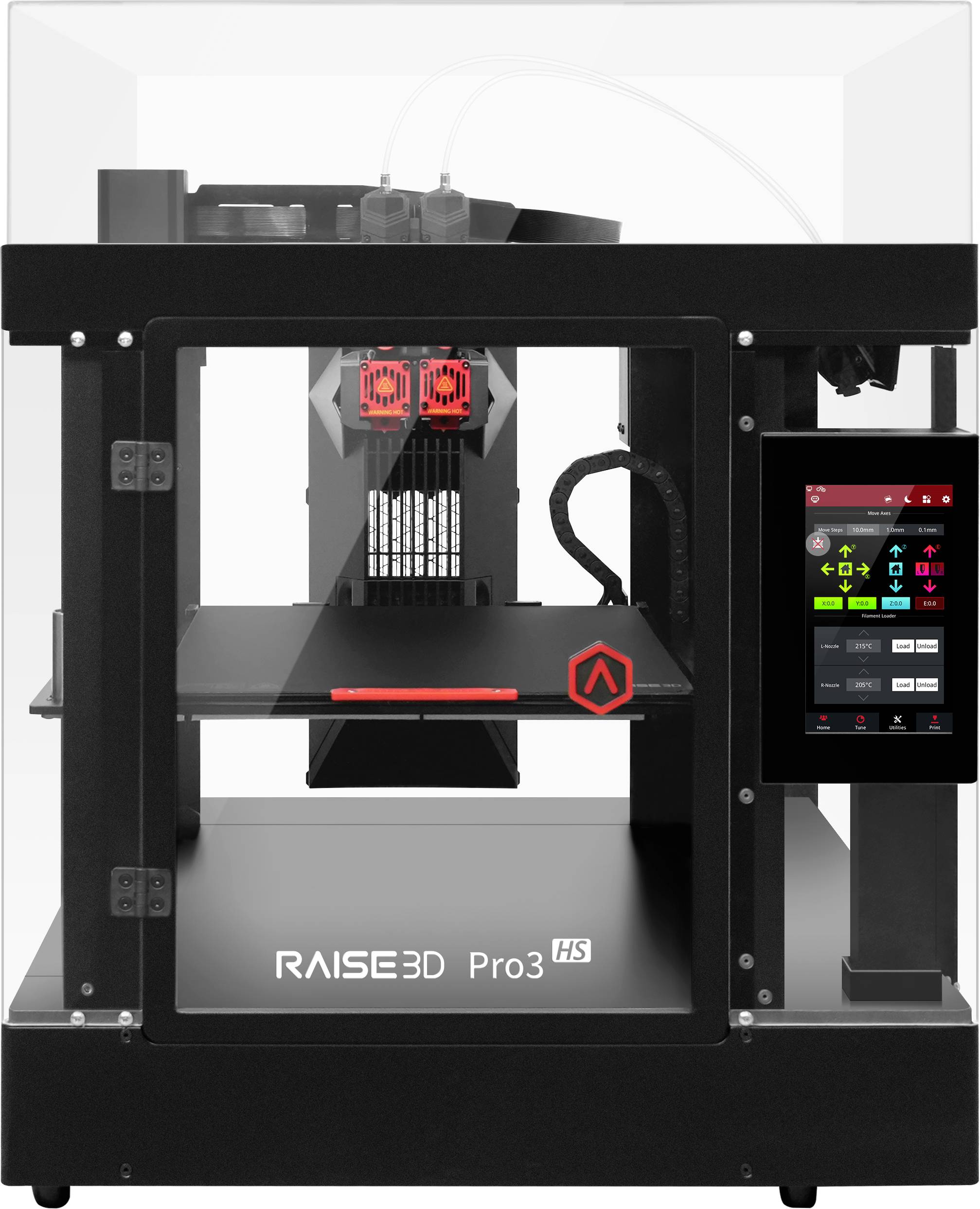 Černá 3D tiskárna Raise3D Pro3 s otevřeným krytem, viditelné tiskové lože a digitální rozhraní na pravé straně.