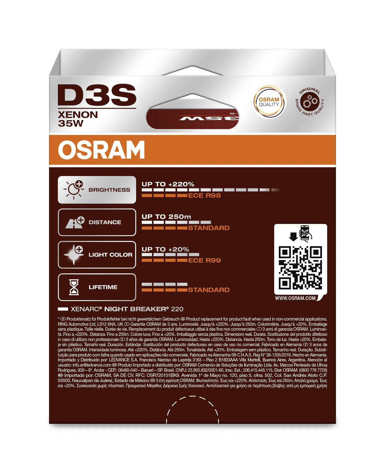 Obal výbojky 'OSRAM D3S Xenon 35W'; zobrazuje jas, dosah, barvu světla, životnost a standardy ECE R98/R99 s QR kódem.