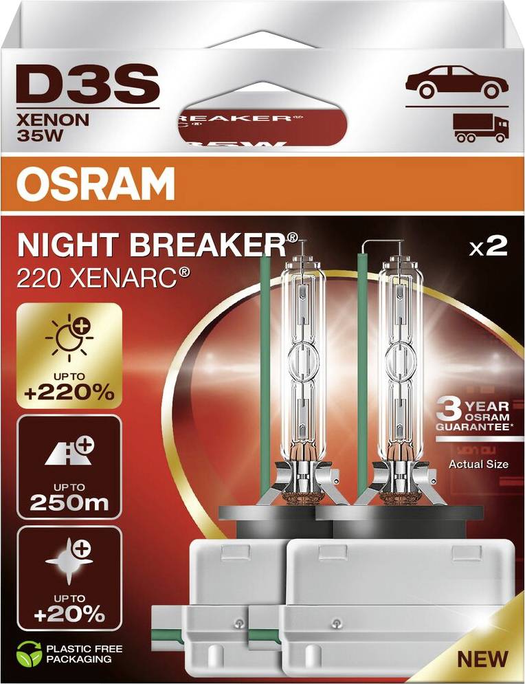 'OSRAM Night Breaker 220 Xenarc D3S xenonová lampa 35W. Zvýšený dosah viditelnosti: až 250 m, +220% více světla, o 20% bělejší světlo.'