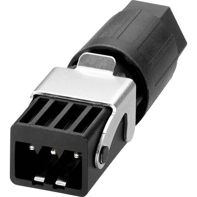 Černá, obdélníková elektrická zástrčka s kovovým prvkem a třemi viditelnými kontaktními kolíky je vidět v detailním záběru.