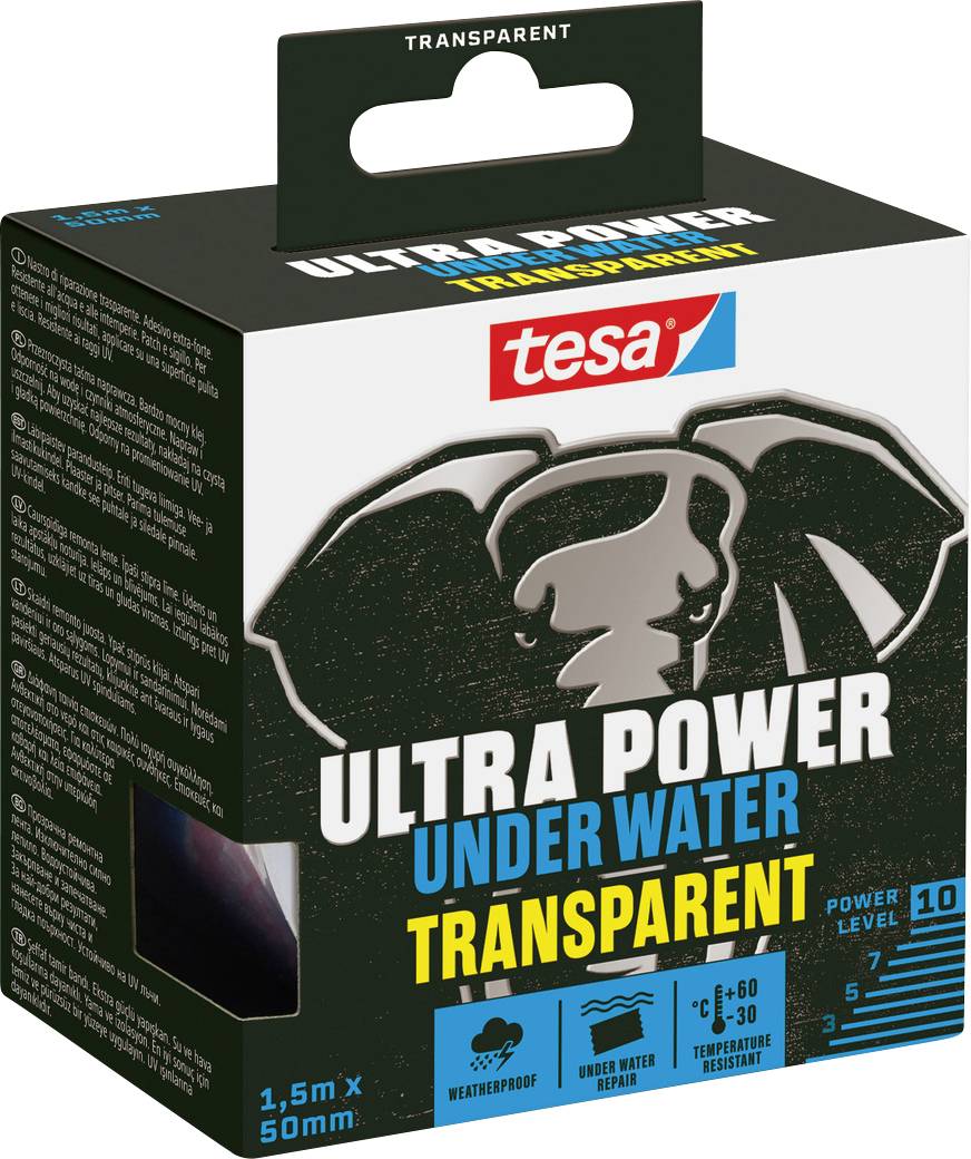 Balení pásky 'tesa Ultra Power Under Water Transparent', které obsahuje ikony označující vodotěsnost, opravu pod vodou a odolnost vůči teplotním změnám.