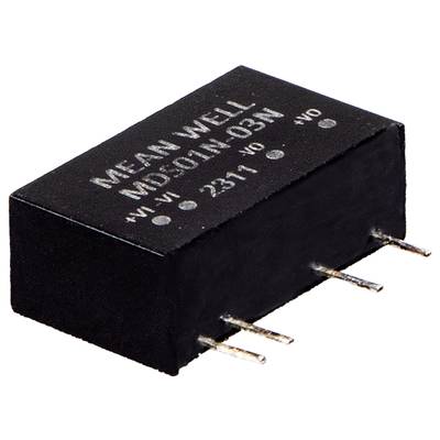 Černý obdélníkový elektronický prvek se čtyřmi konektory, označený nápisem 'MEAN WELL'.