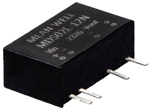 Obdélníkový elektronický prvek se čtyřmi připojovacími kolíky, označený štítkem 'MEAN WELL MD912L-12N', používaný v elektronických obvodech.
