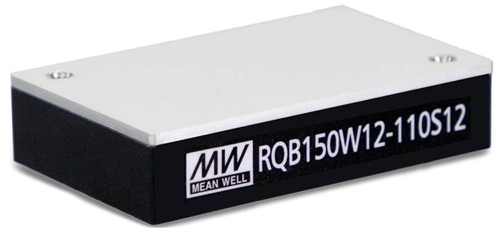 Napájecí modul společnosti MEAN WELL s označením 'RQB150W12-110S12', obdélníkového tvaru, se stříbrným horním povrchem a černým tělem.
