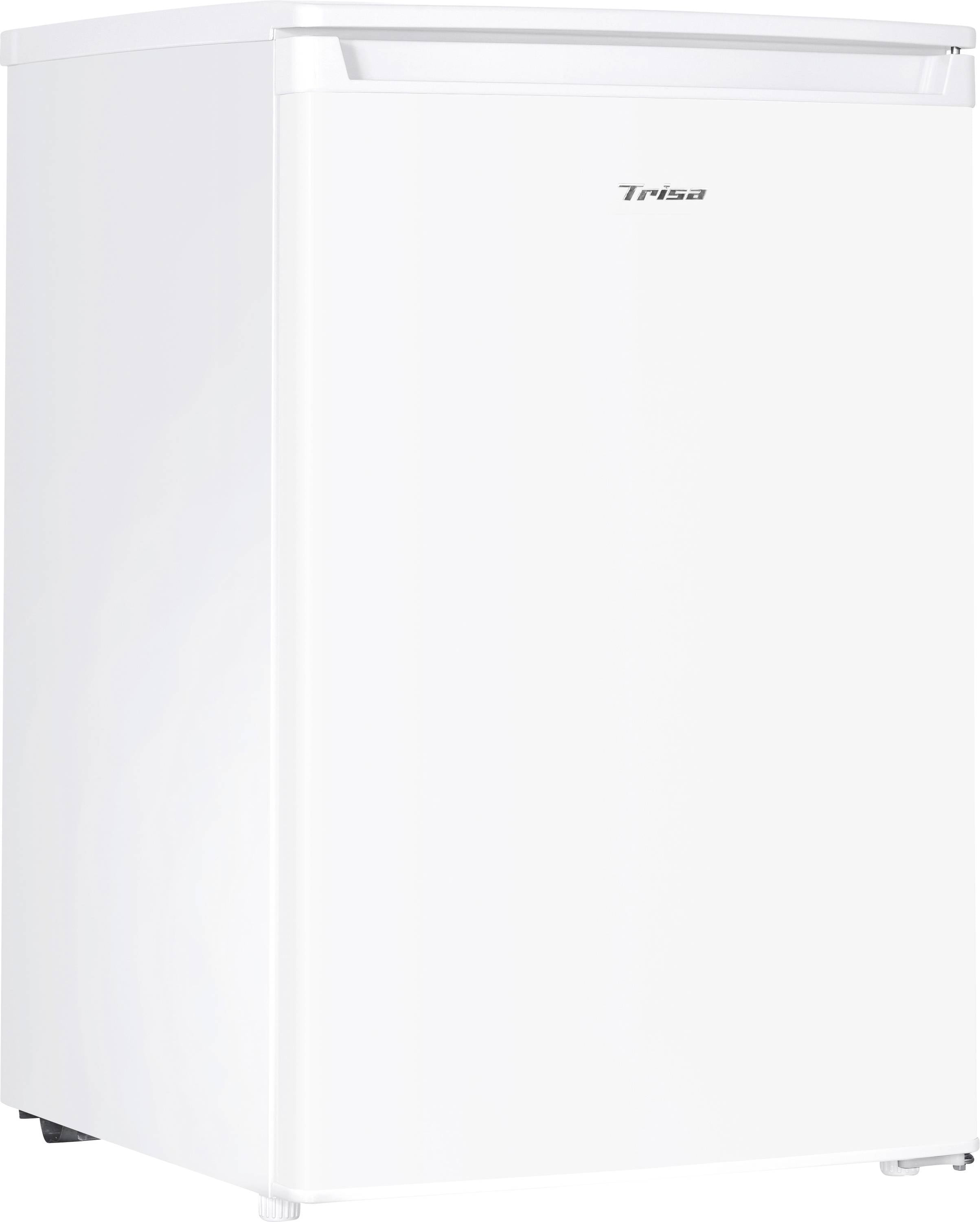 Bílá lednice značky 'Trisa' umístěná čelní stranou dopředu. Lednice má minimalistický design bez viditelných úchytů.