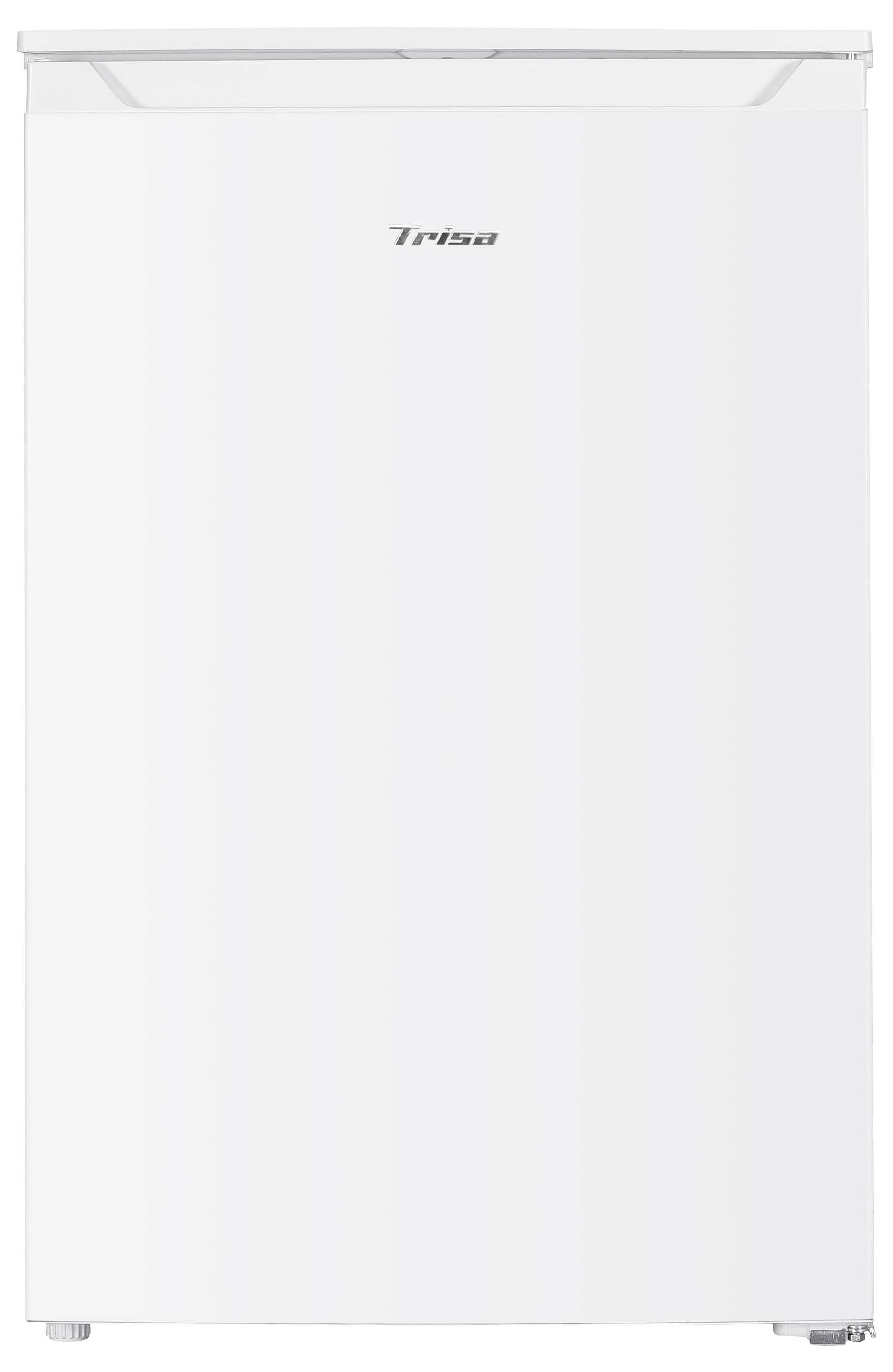 Bílá volně stojící lednice značky Trisa, s minimalistickým designem, vhodná do kuchyně nebo skladovacích prostor.
