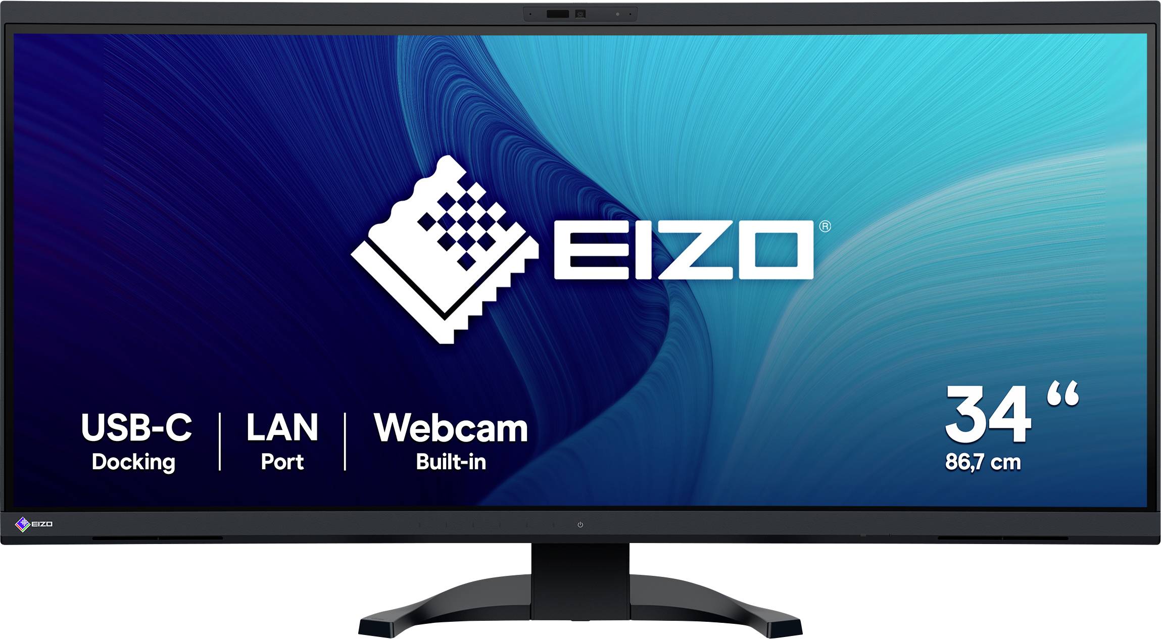 Monitor s 34palcovou obrazovkou, zobrazující logo 'EIZO' a text k připojení: 'Dokovací USB-C', 'Síťový port', 'Vestavěná webkamera'.