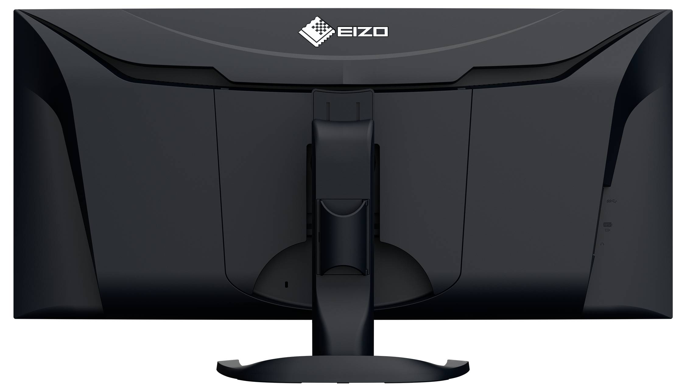Černý počítačový monitor zezadu, s centrální podstavou a logem výrobce 'Eizo' viditelným nahoře na zadní straně.